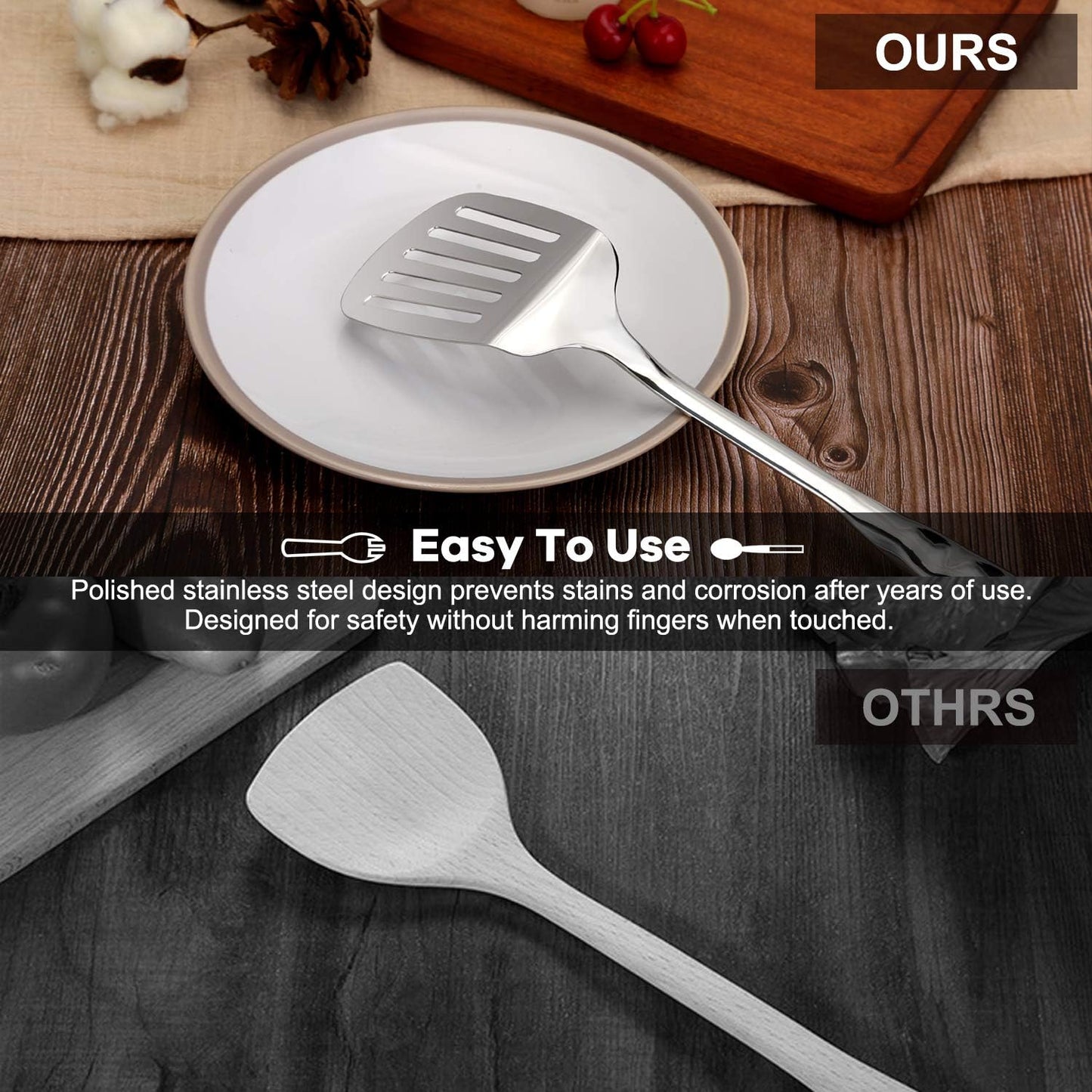 Kitchen Utensils, Contains Soup ladle, Spaghetti Claw, Wok Turner Shovel, Slotted Turner, Premium Stainless Steel, No rust, Dishwasher Safe (Slotted Spatula)