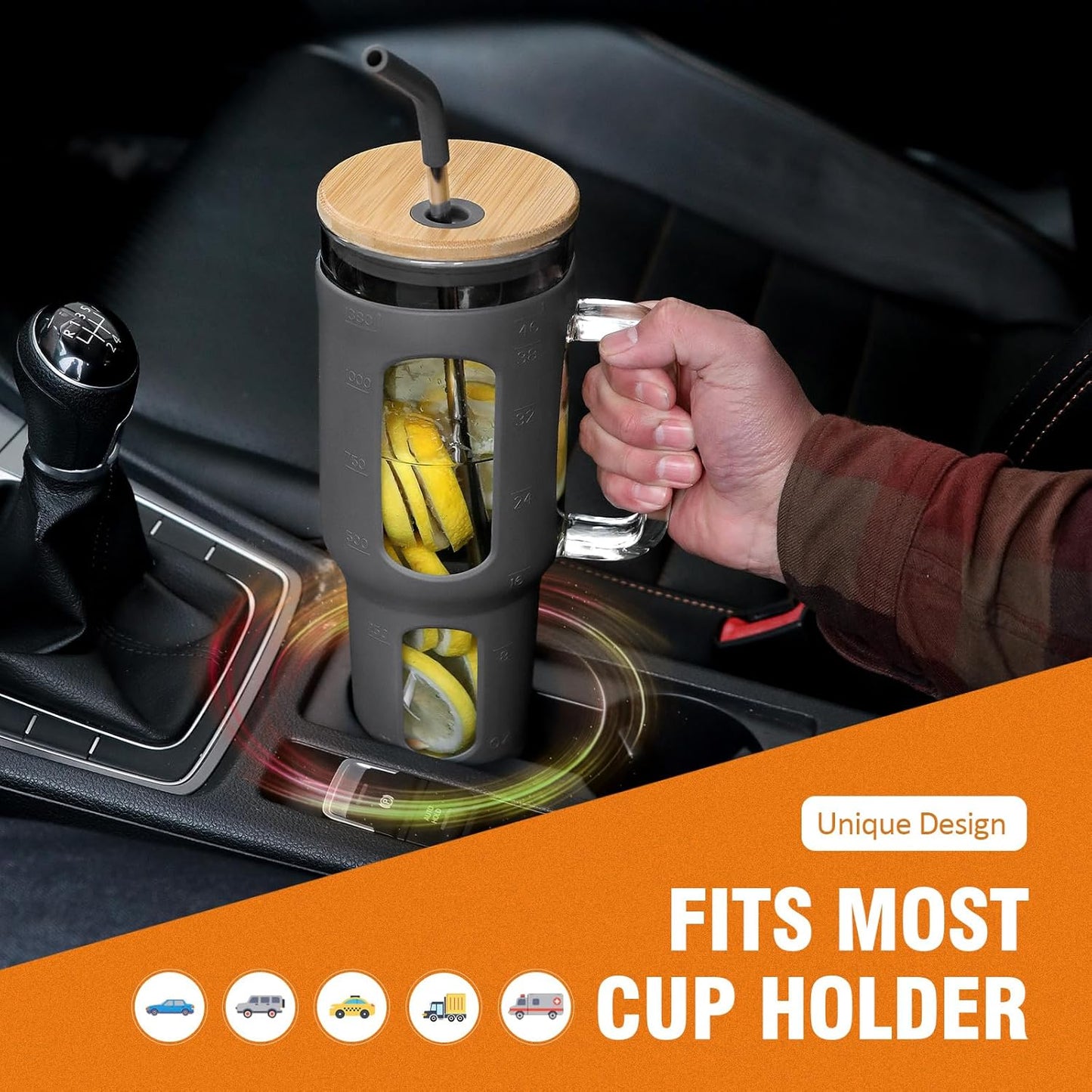 Glass Tumbler with Lid and Straw, 46 oz Iced Coffee Cup with Handle, Large Water Bottles with Silicone Sleeve, Glass Cup with Straws - Pearl Straw & Drinking Straw BPA Free-Grey