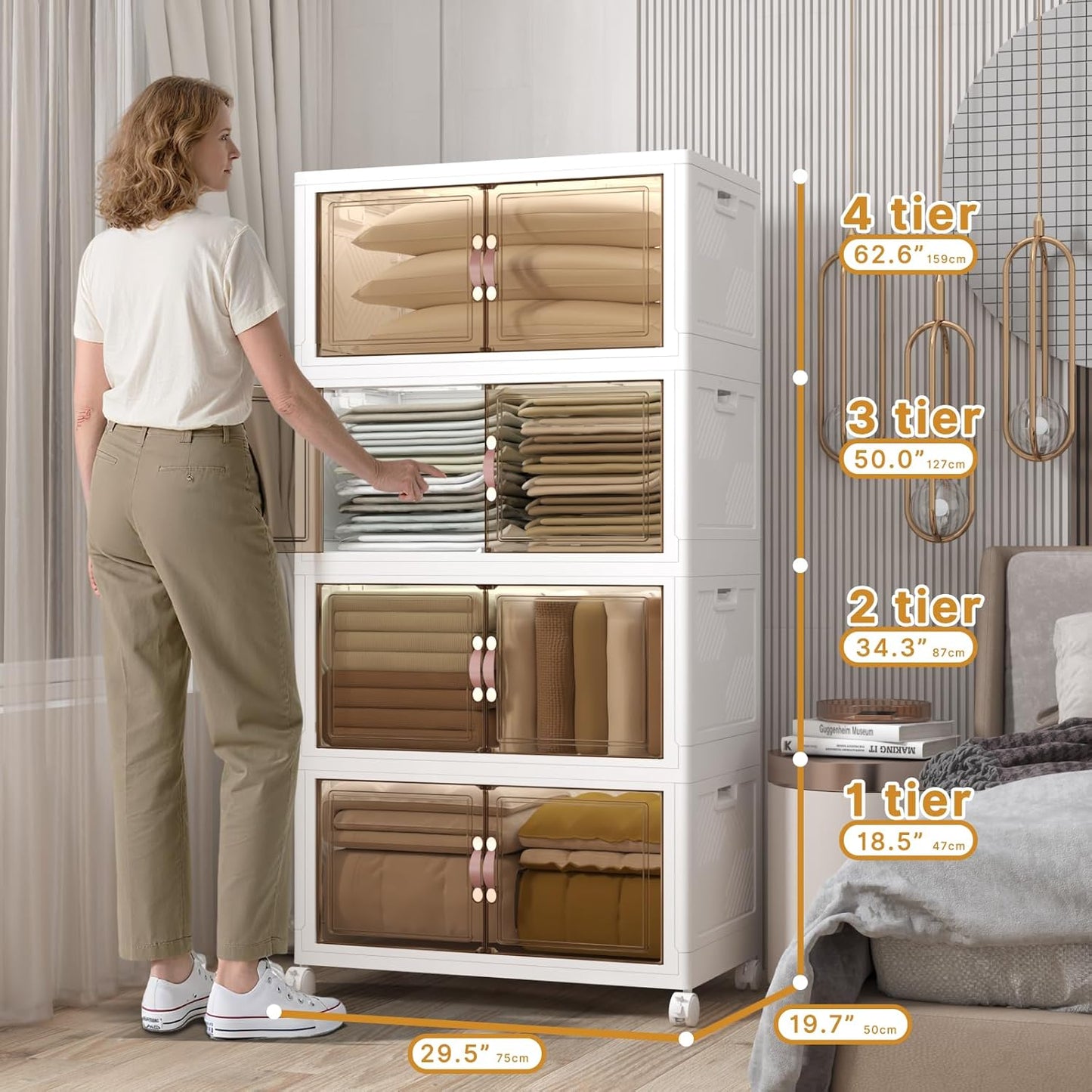 Extra Large Stackable Storage Bins with Lids and Wheels, Foldable Collapsible Closet Organizers,1344QT-168QT/42GAL*8Pack Plastic Stackable Storage drawers for bedroom Dorm