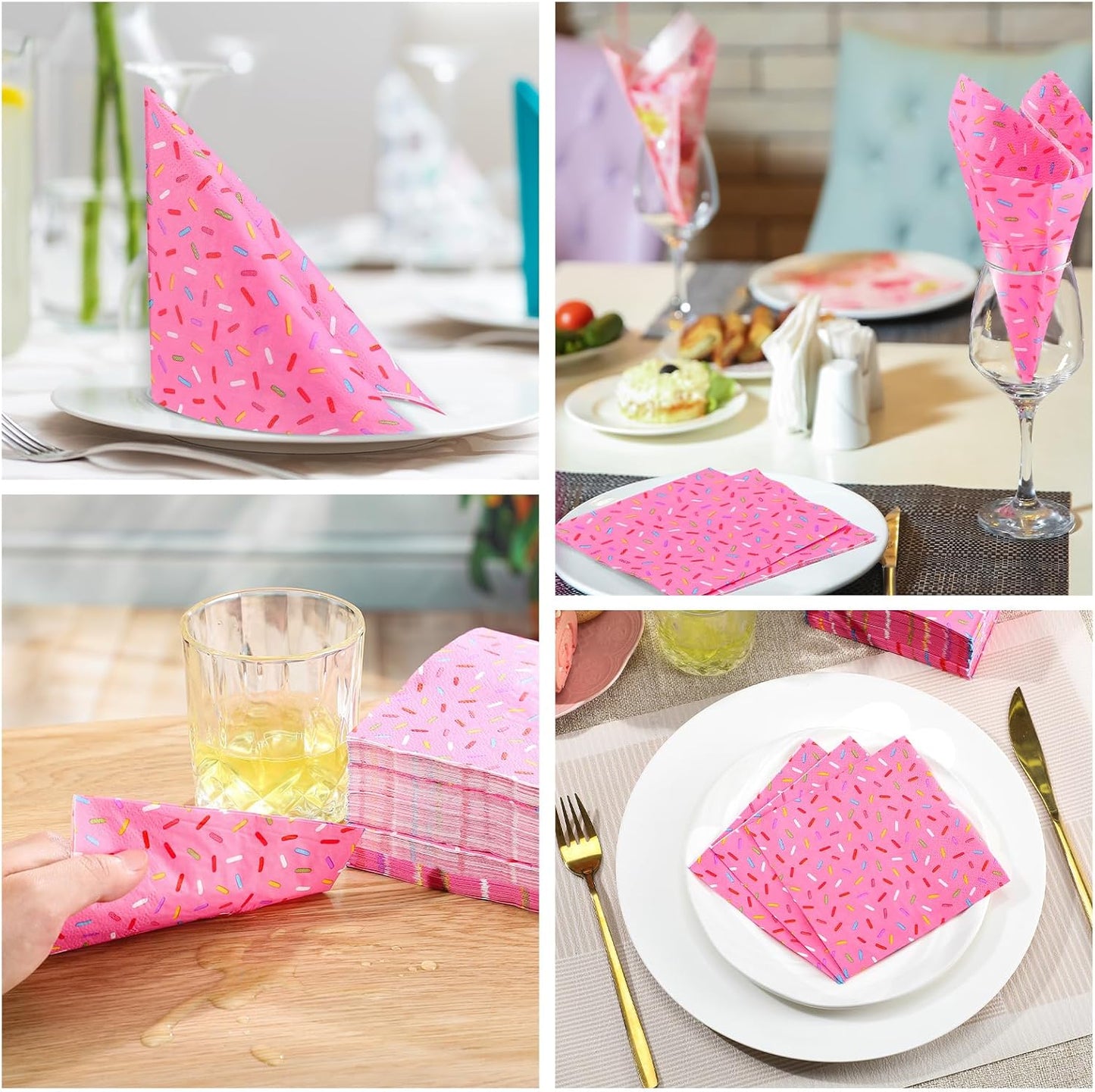 100 Pcs Sprinkles Napkins 2 Ply Disposable Paper Napkins for Baby Shower Birthday Party Theme Table Decor Supplies (Pink,Donut)
