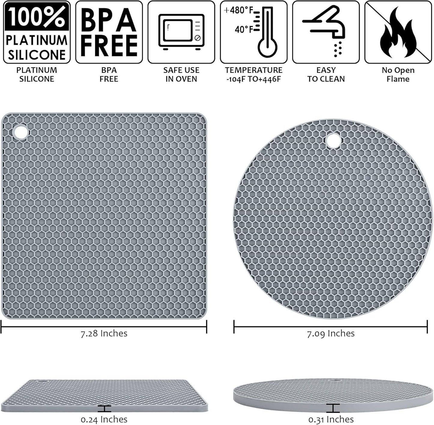 Silicone Trivets for Hot Dishes, Silicone Pot Holders for Kitchen, Trivet Mat Hot Pads for Kitchen, Trivets for Hot Pots and Pans, Heat Resistant Mats for Quartz Countertop, Set 4 Light Gray