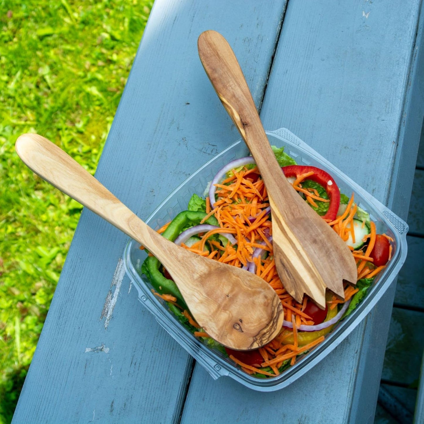 Olive Wood Salad Tongs 12 Inches Long Wooden Salad Spoons for Serving and Mixing, Salad Servers Set, Salad Tosser Utensils, Hardwood Salad Hands, Wooden Pasta Claw Fork With Teeth