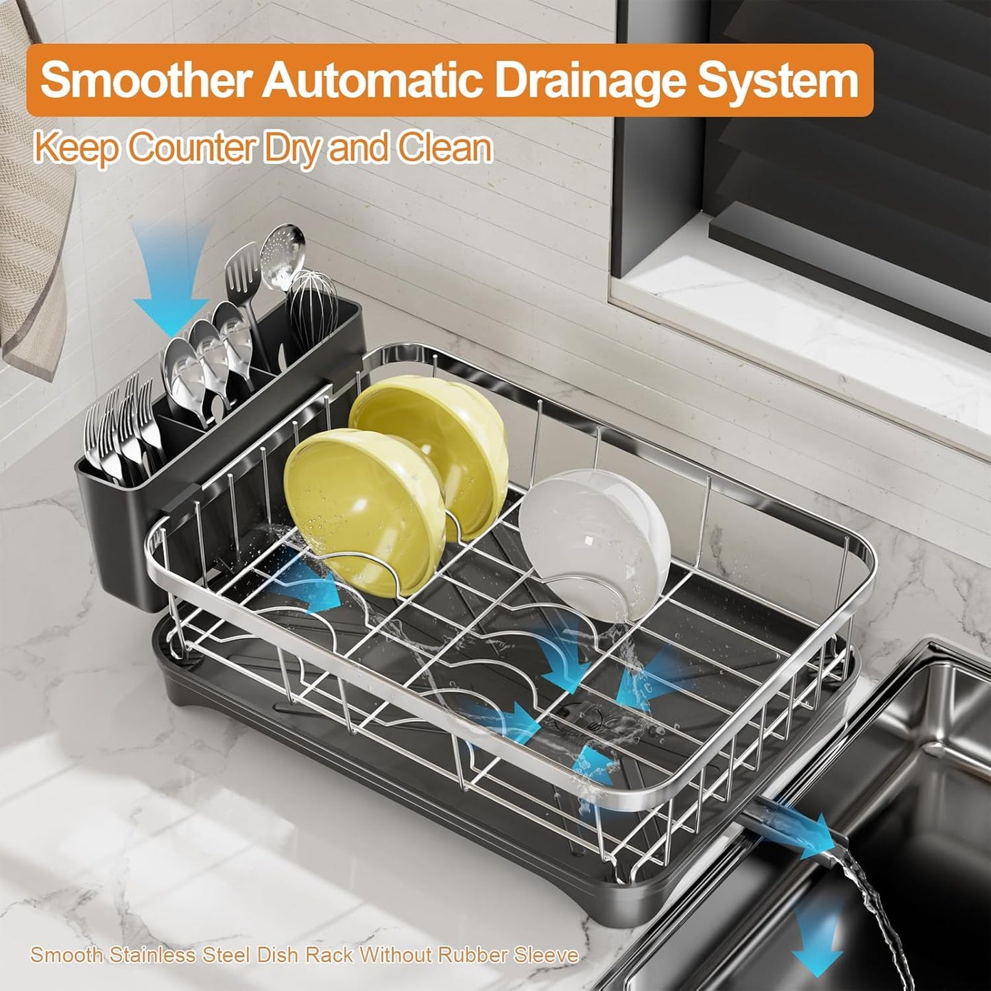 Stainless Steel Dish Drying Rack – 304 Grade Dish Racks for Kitchen Counter with Utensil Holder & Adjustable Spout, Space-Saving Organizer, 16.5" x 11.8" x 5.3" Black