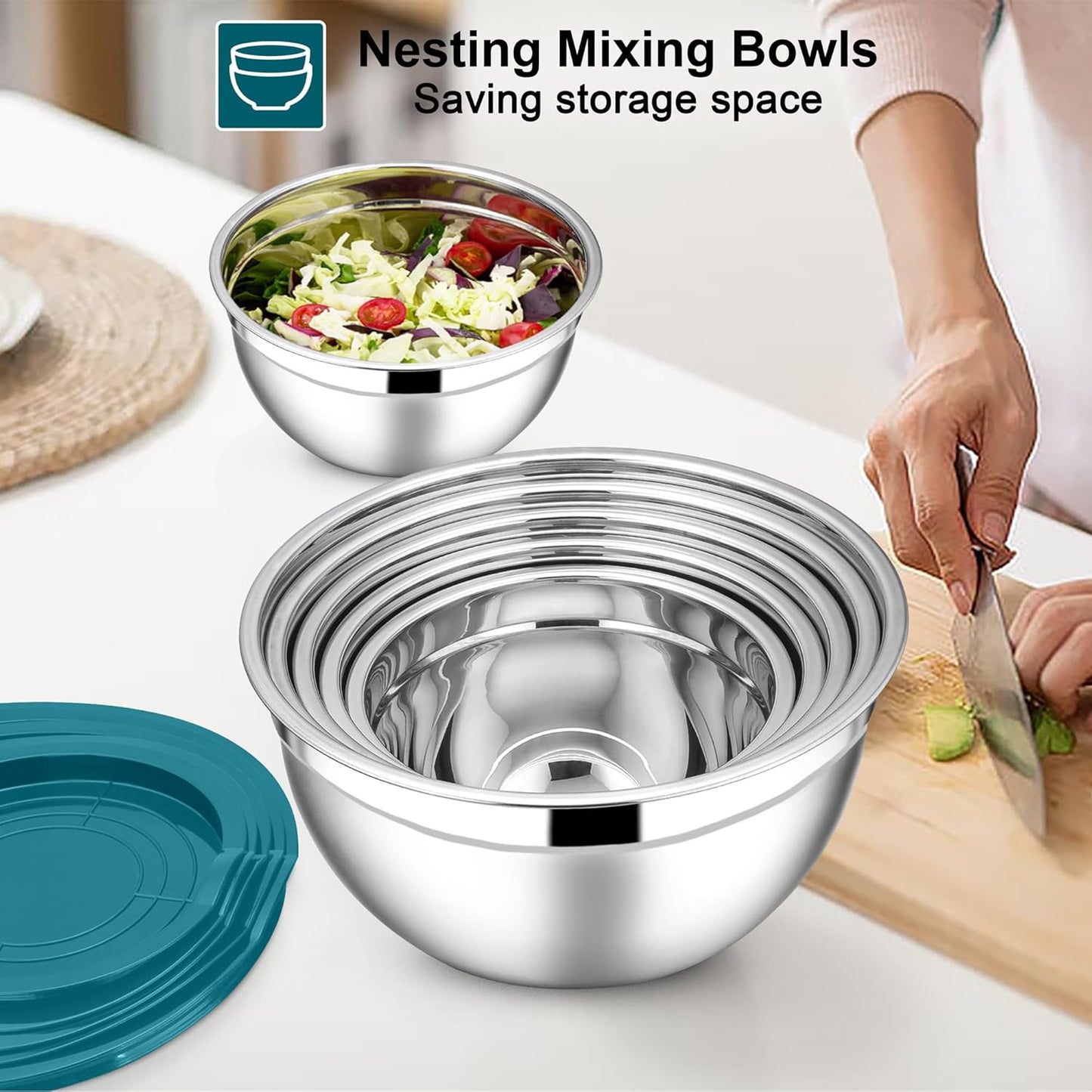E-far Mixing Bowls with Lids Set, 7-Piece Stainless Steel Mixing Bowls with 3 Grater Attachments, Size 4.6, 3.5, 2.6, 2, 1.5, 1, 0.7QT, Metal Nesting Bowls & Blue Airtight Lids, For Baking/Cooking
