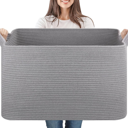 95L Large Storage Basket, Cotton Rope Woven Blanket Basket, Nursery Storage for Baby Room, Living Room, 24" x 16.9" x 14.2", Light Grey