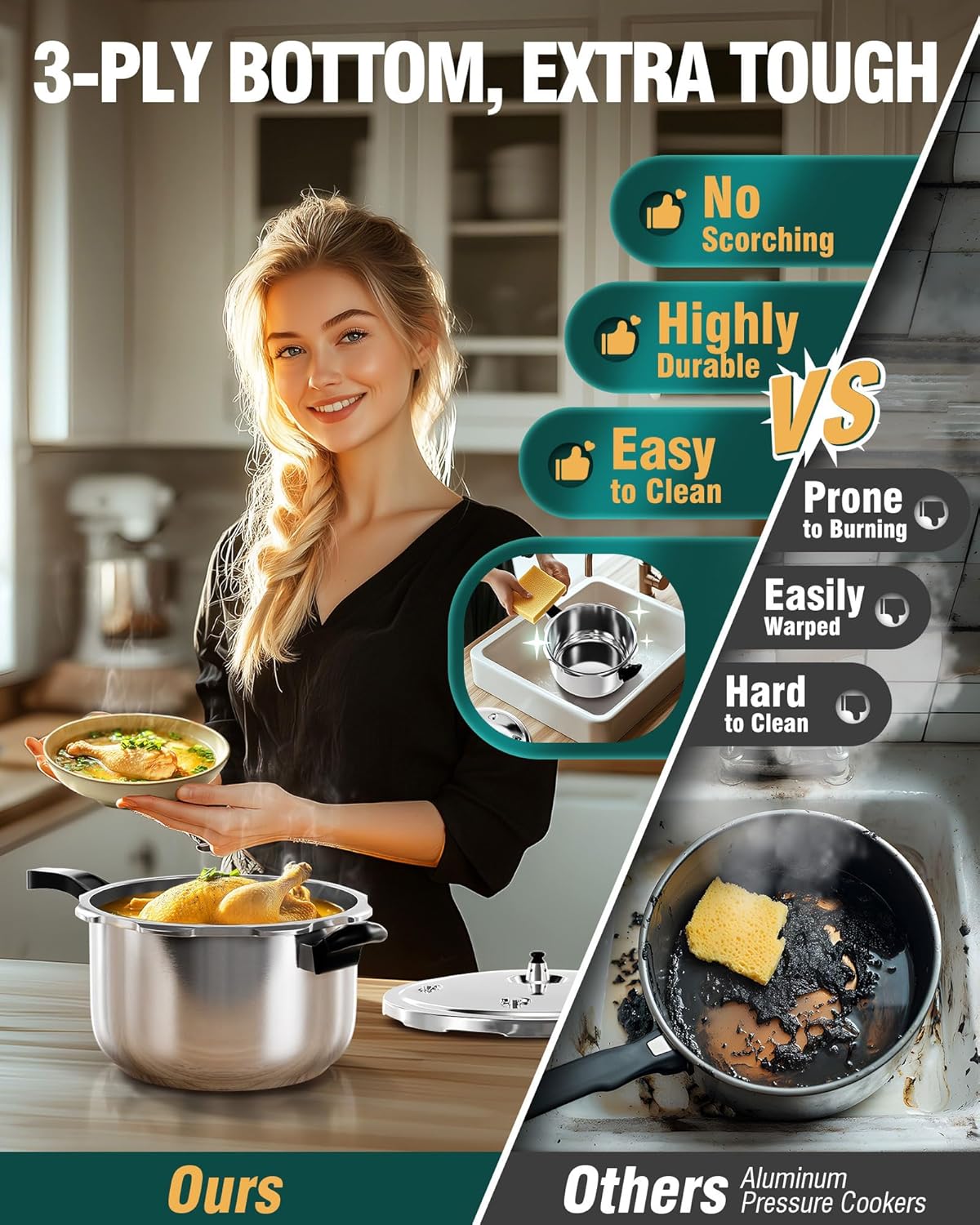 WantJoin Pressure Cooker, 6 Quart Stainless Steel Pressure Canner, Induction Compatible Cookware with Spring Valve Safeguard Devices,Compatible with Gas & Induction Cooker