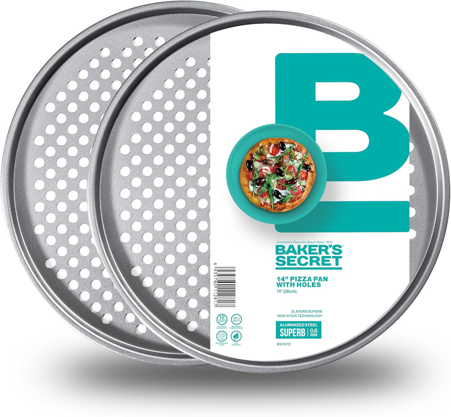 Baker's Secret 2pcs Nonstick Pizza Crisper for Oven 14"", Aluminized Steel Pizza Baking Pan with holes, 2 Layers Non-stick Coating For Easy Release, Dishwasher Safe - The Superb Collection