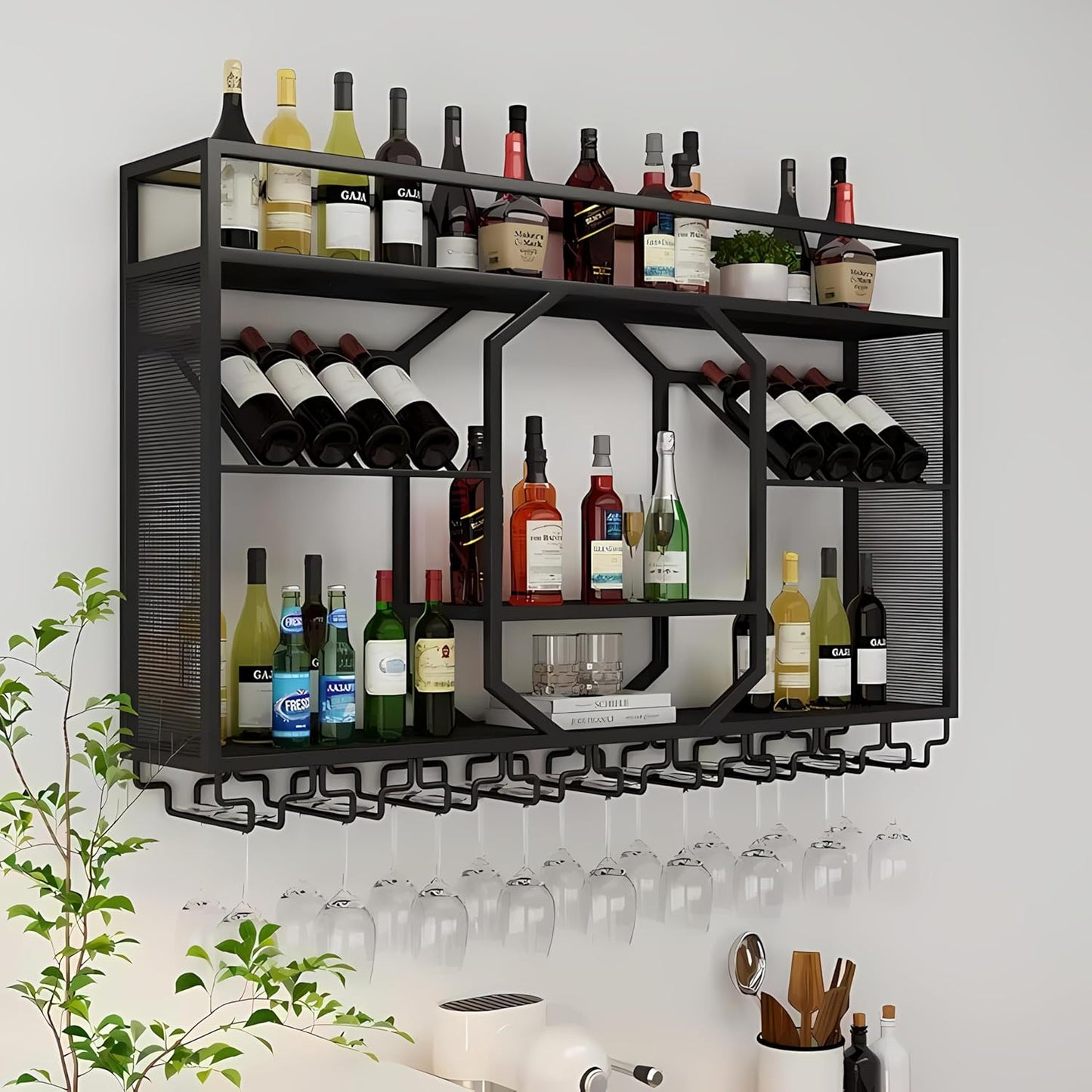 Wall Mounted Wine Rack, 3-Tiers Metal Bar Bottle Holder, Modern Wine Glass Storage Display Shelves, Wall Wine Rack for Kitchen Bar Dining Rooms Decoration ﻿(Black, 47.24in/120cm)