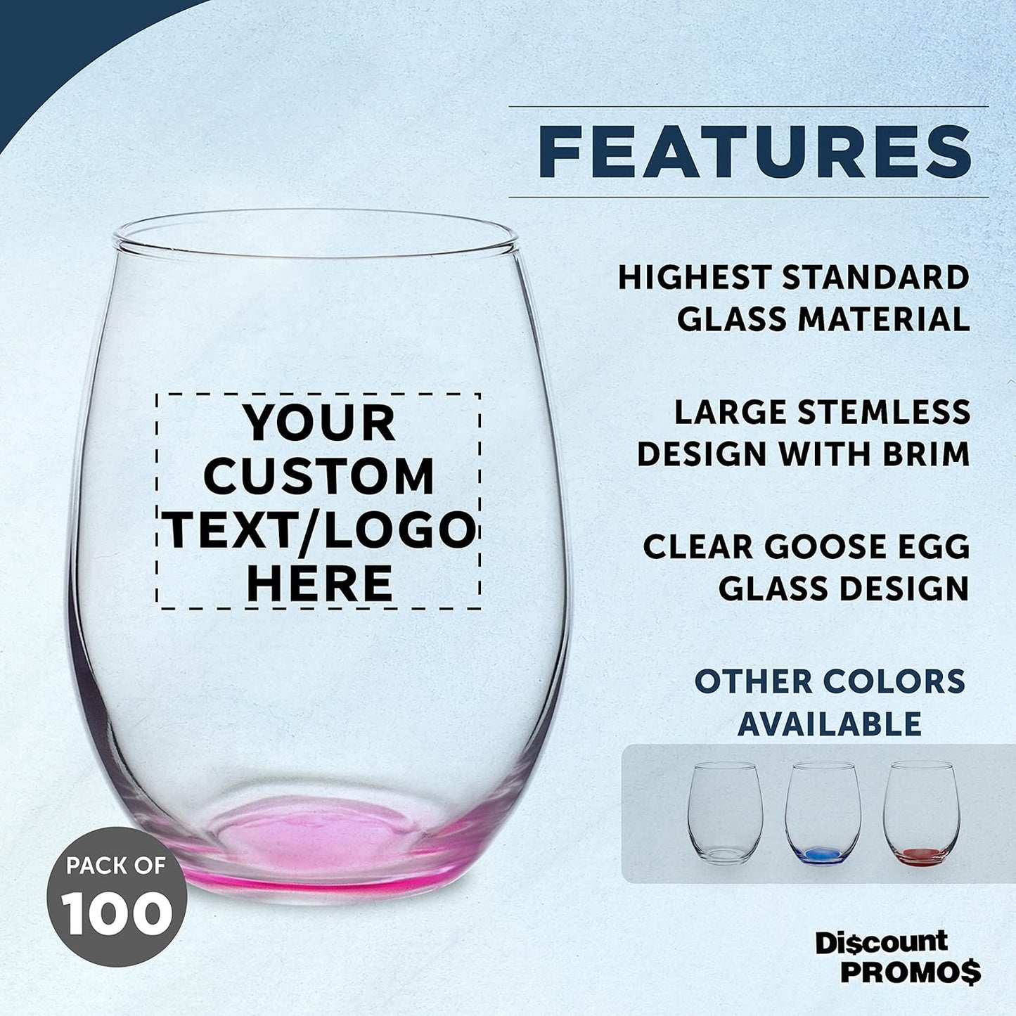 Custom Stemless Wine Glasses in Bulk by ARC Perfection, 15 oz, 100 pack, Personalized Text, Logo, Red or White Wine Glass Set, Pink