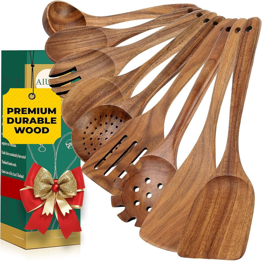 AIUHI Natural Teak Wood Kitchen Utensil Set, 9Pcs Wooden Spoons for Cooking, Cooking Utensils Set for Nonstick Cookware, Durable & Heat Resistant