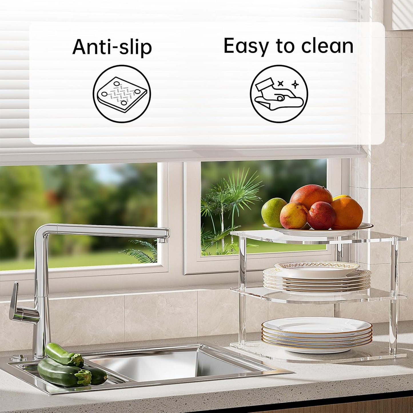 Plate Organizer for Cabinet Space Saver - Clear Acrylic Corner Shelf for Dishes, Bowls - 3-Tier Kitchen Cabinet Plate Organization, Dinner Plates Holder, and Small Shelf for Bathroom Storage