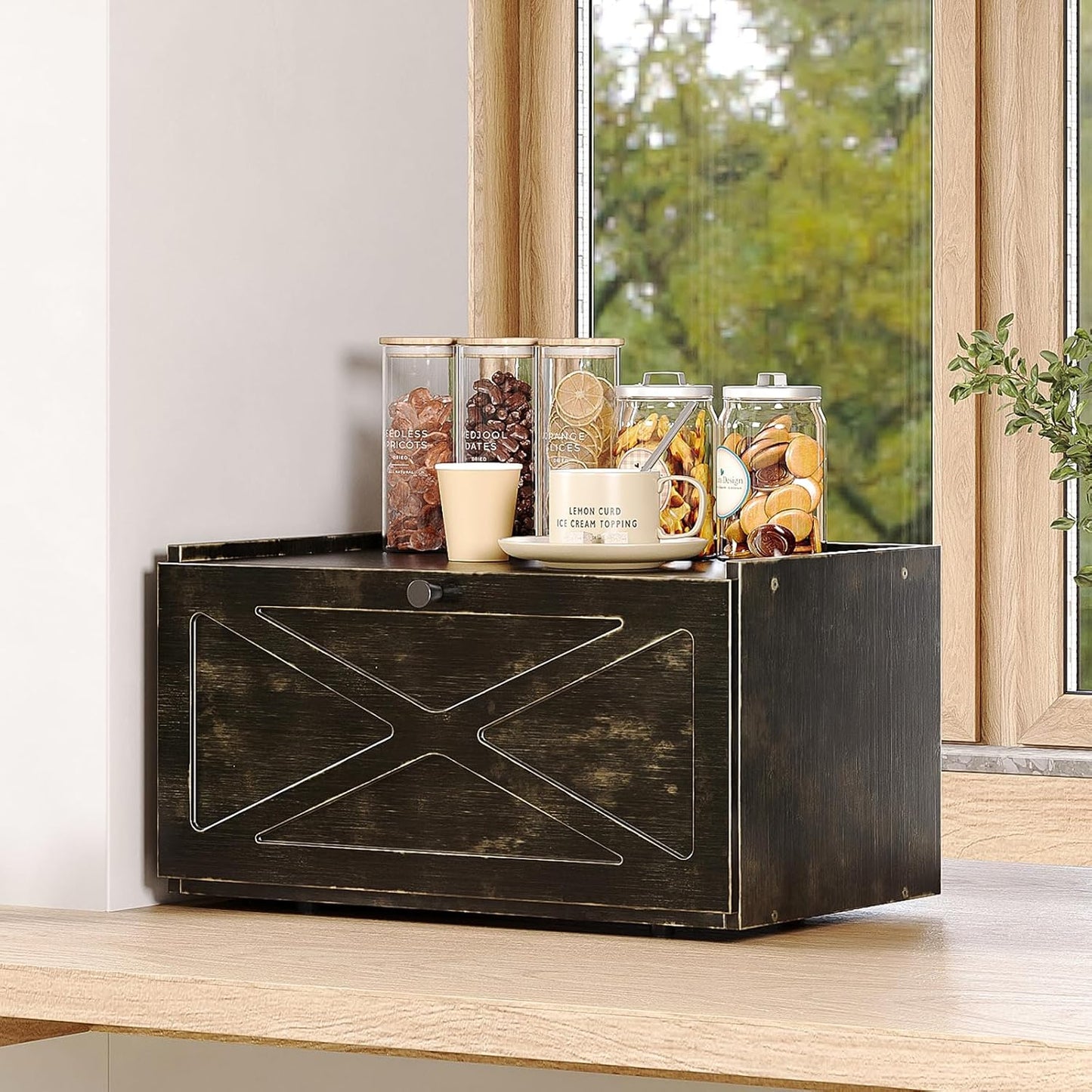 Bamboo Bread Box for Kitchen Counter Farmhouse Bread Storage Container Large Capacity Bread Storage Bin Bread Holder (Antique Back)