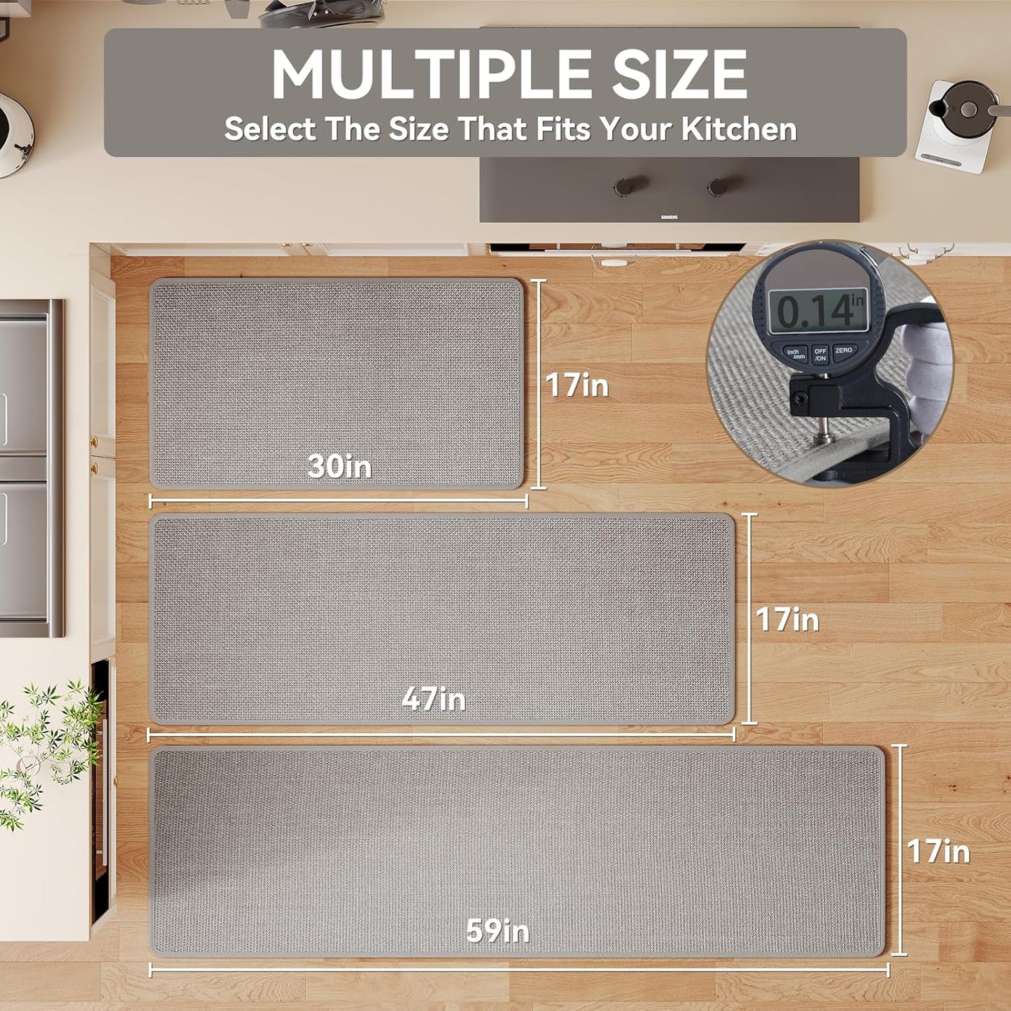 Kitchen Mat Set of 2 PCS, Cushioned Non Slip Rugs for Kitchen Floor, Absorbent Runner Comfort Standing Mats Washable for Kitchen, Office, Home Grey 17x30+17x47
