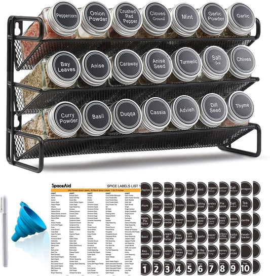 SpaceAid Spice Rack Organizer with 21 Spice Jars, 386 Spice Labels, Chalk Marker and Funnel Set for Cabinet, Countertop, Pantry, Cupboard or Door & Wall Mount - 21 Jars, 13.4" W × 9" H, Black