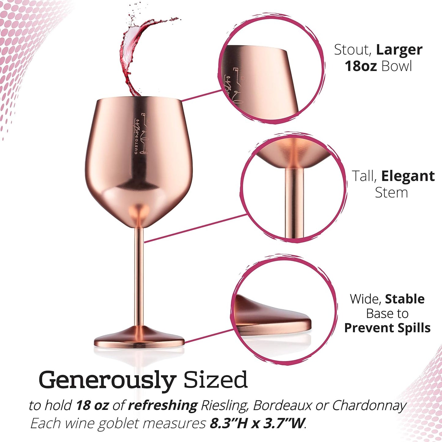 Gusto Nostro Stainless Steel Wine Glass - 18 oz - Unbreakable Rose Gold Wine Glasses for Travel, Camping and Pool - Fancy, Unique and Cool Portable Metal Wine Glass for Outdoor, Picnics (Set of 2)