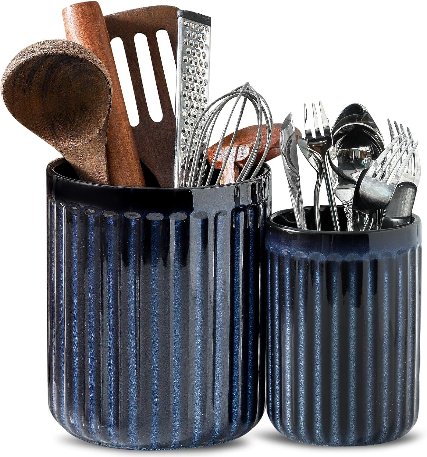 Hasense Cooking Utensil Holder, 7.3" + 5.7" - Large Utensil Crock for Farmhouse Kitchen Decor, Spatula Storage Organizer, Set of 2, Navy Blue