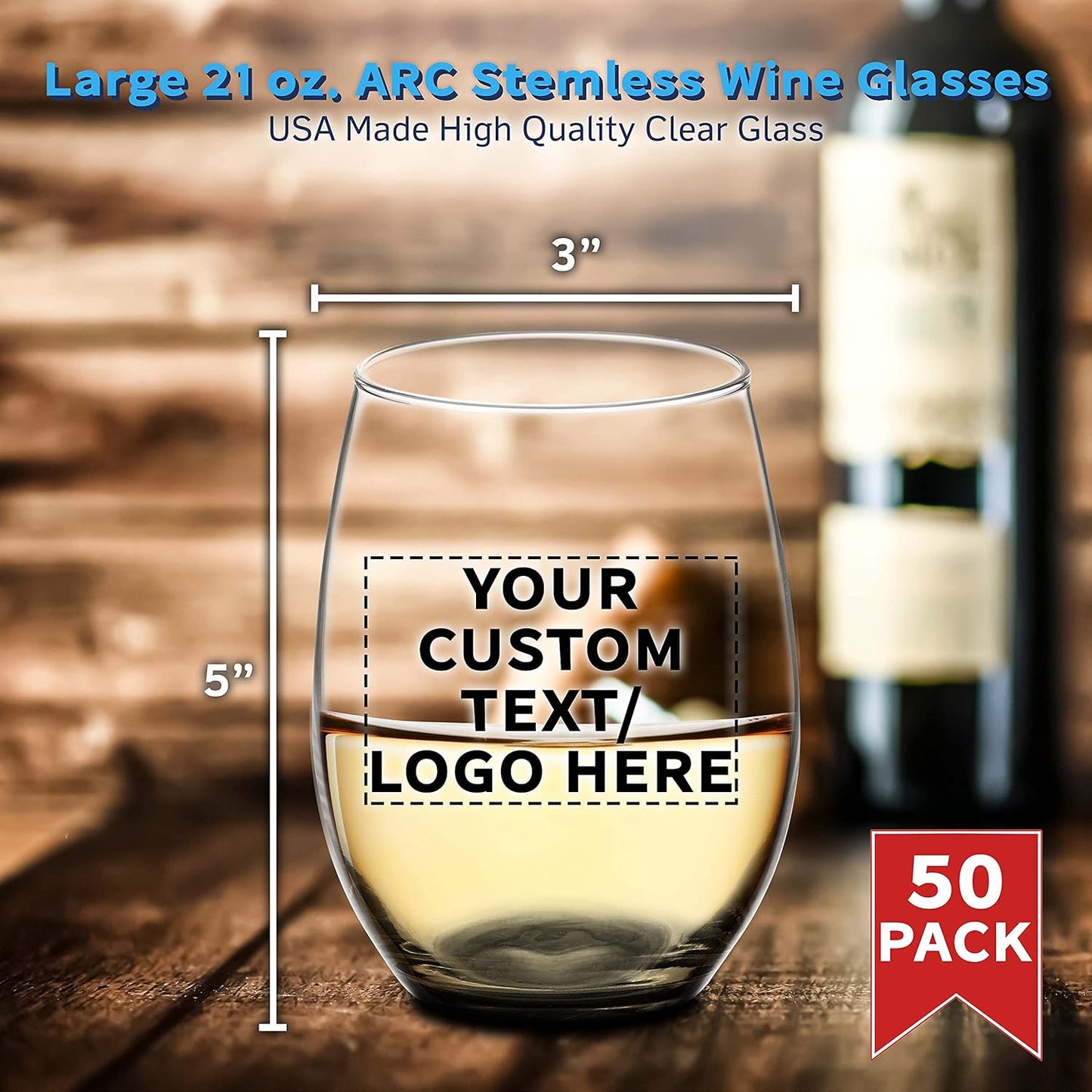 DISCOUNT PROMOS 50 ARC Stemless Wine Glasses Set, 21 oz. - Customizable Text, Logo - Chardonnay, Cabernet, Merlot, Sauvignon - Black