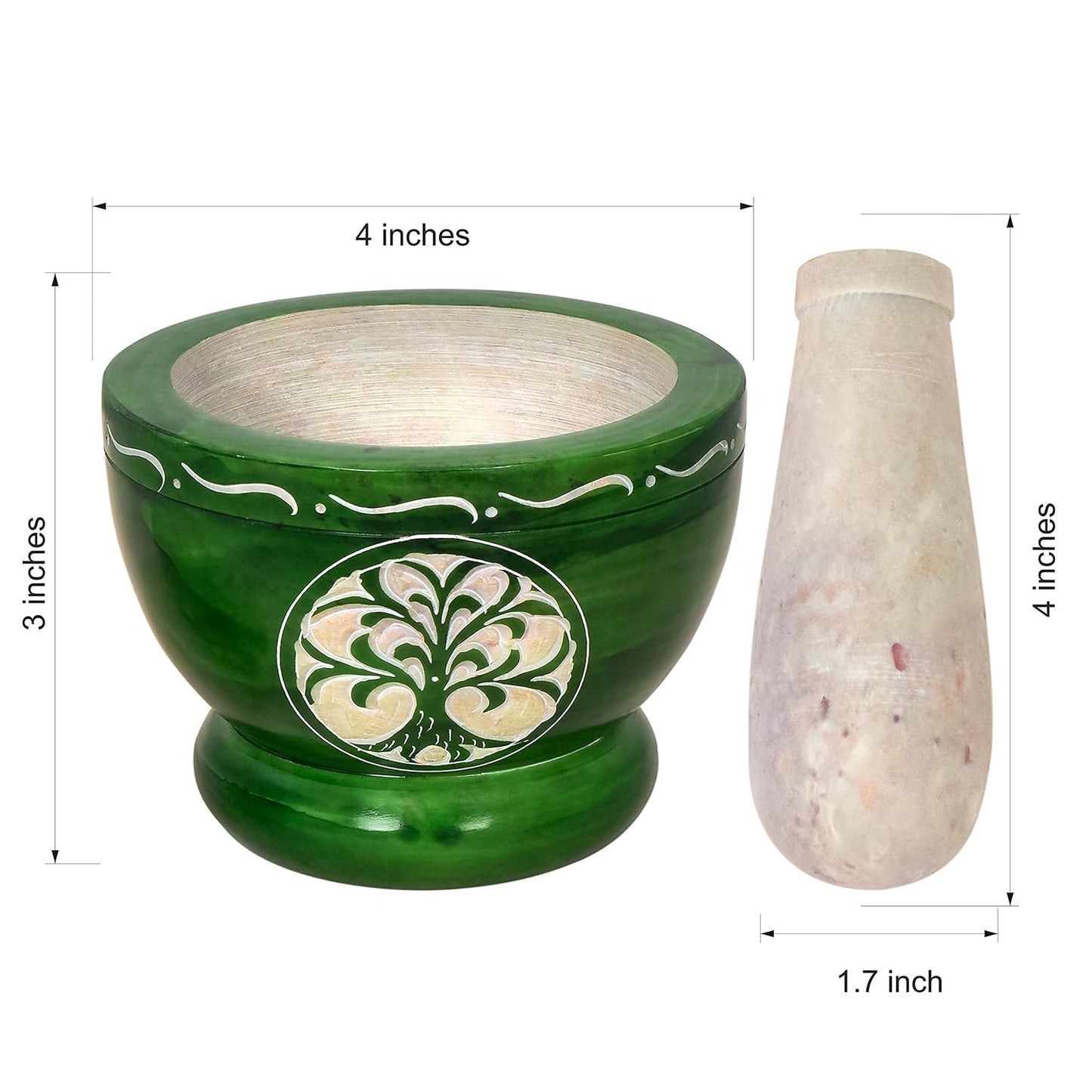 Mortar and Pestle, Made of Heavy Duty Polished Hard Stone, Natural Stone Grinder for Spices, Pastes, Herbs, Seasoning etc. (Green Tree of Life)