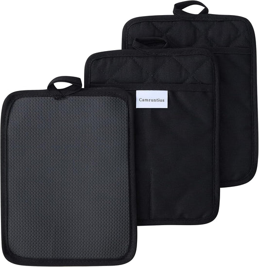 Kitchen Pot Holders, 7"x9", Rectangular with Pocket, Cotton and Neoprene Heat-Resistant Potholders for Cooking and Baking, Machine Washable, 3-Piece Set (Black)