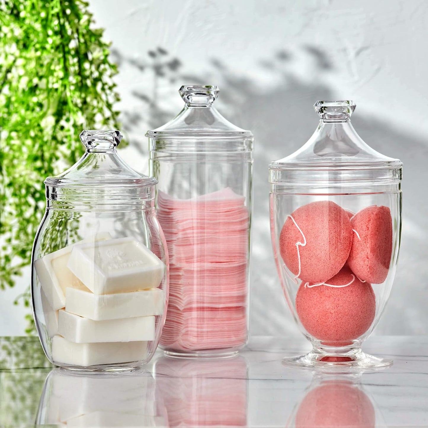 Amazing Abby - Adore - Plastic Apothecary Jars (3-Piece Set, 52/46/46 oz), Acrylic Jars with Lids, Bathroom Canisters, Candy Buffet, Wedding Display, BPA-Free and Shatter-Proof (NOT Glass)