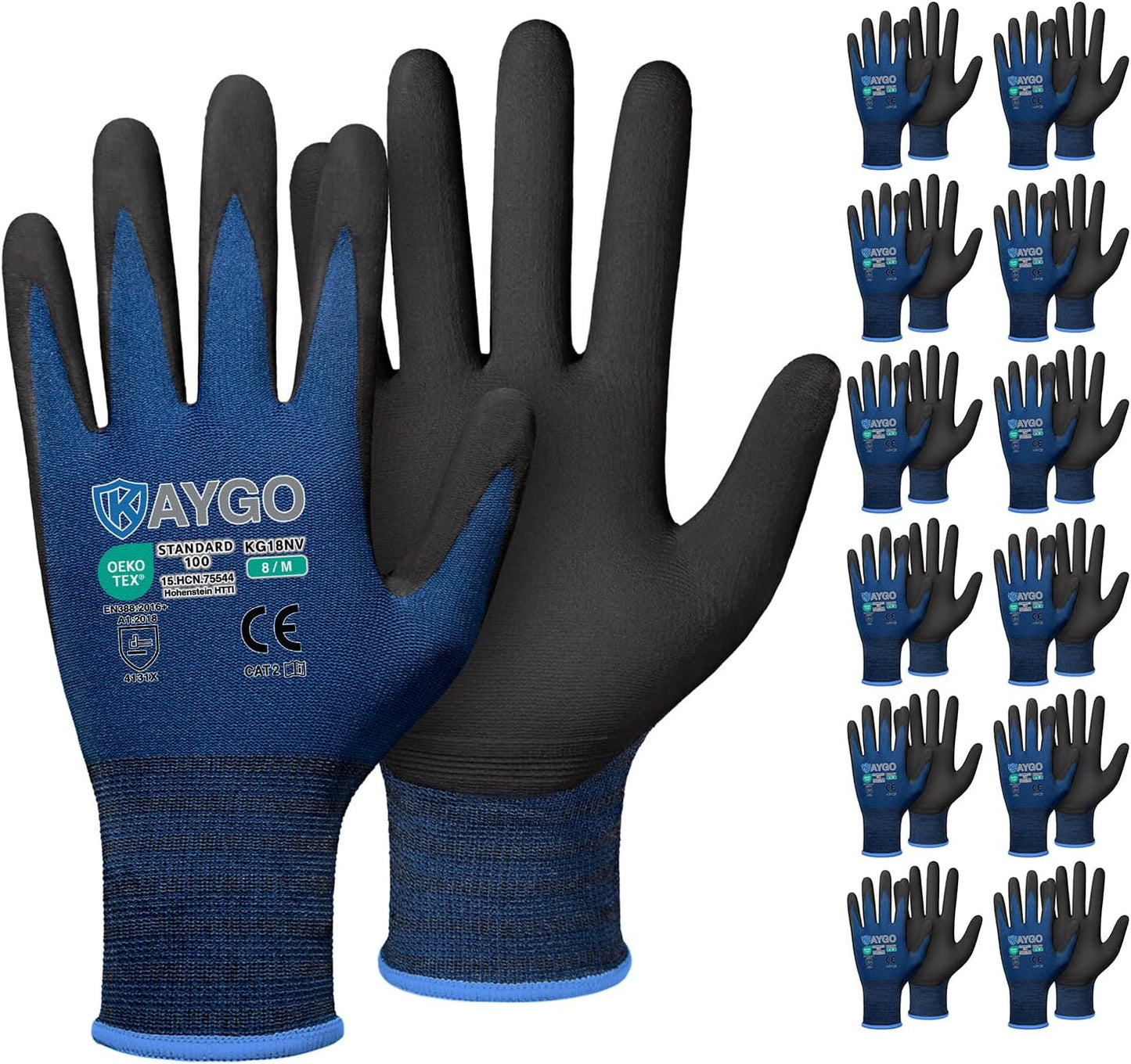 KAYGO Safety Work Gloves MicroFoam Nitrile Coated-12 Pairs, KG18NB,Seamless Knit Nylon Glove with Black Micro-Foam Nitrile Grip,Ideal for General Purpose,Automotive,Home Improvement, Dark Blue, M