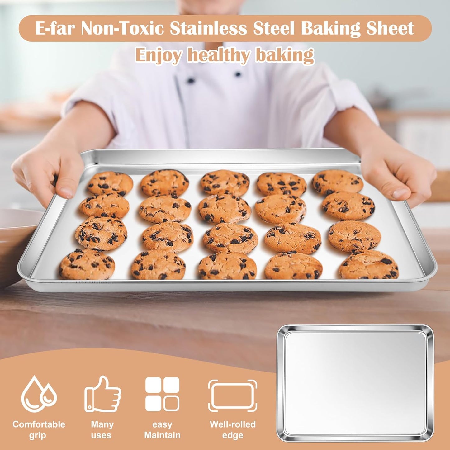 E-far Baking Sheets Set of 4, 16” x12” x 1” Stainless Steel Cookie Sheets Pans for Oven, Non-toxic Metal Trays for Baking Cake Cookie, Healthy & Rust Free, Mirror Finish & Dishwasher Safe