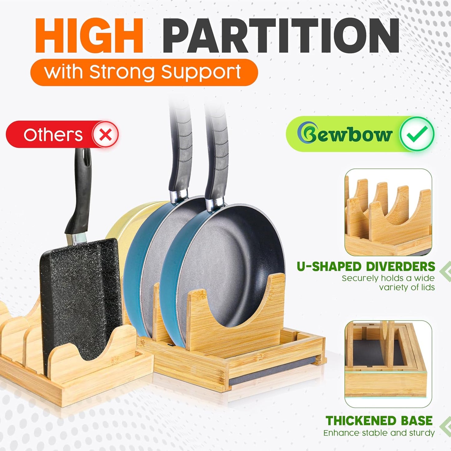 [Adjustable] Bamboo Pots and Pans Organizer under Cabinet, Expandable Bakeware & Cutting Board Organizers with Diatomaceous Earth Base & 10 PCS Adjustable Dividers, Tray Organizer for Kitchen Storage