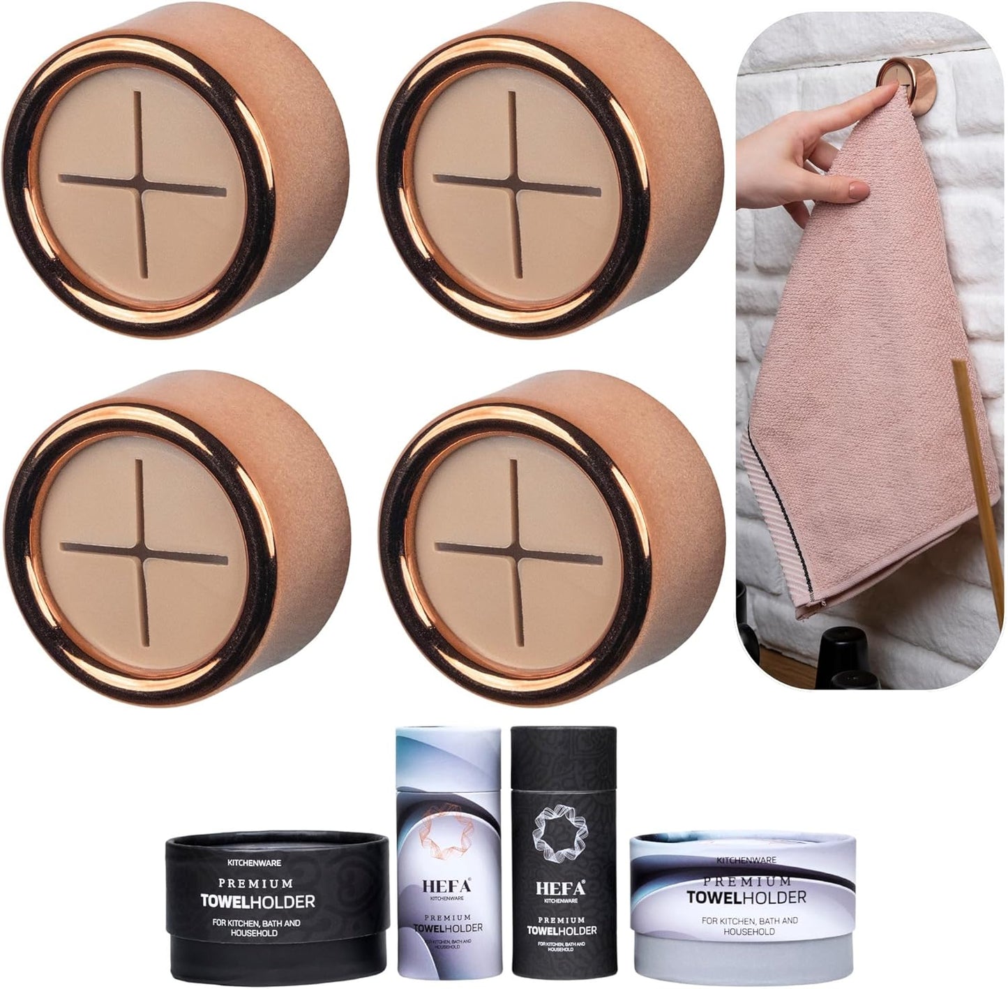 HEFA Towel Holder, Towel Hooks, Dish Towel Holder, Kitchen Organization, Bathroom Accesories, Kitchen Towel Hook, Kitchen Towel Holder, Hand Towel Holder, Kitchen Gadgets 4 Pack, Rose Gold