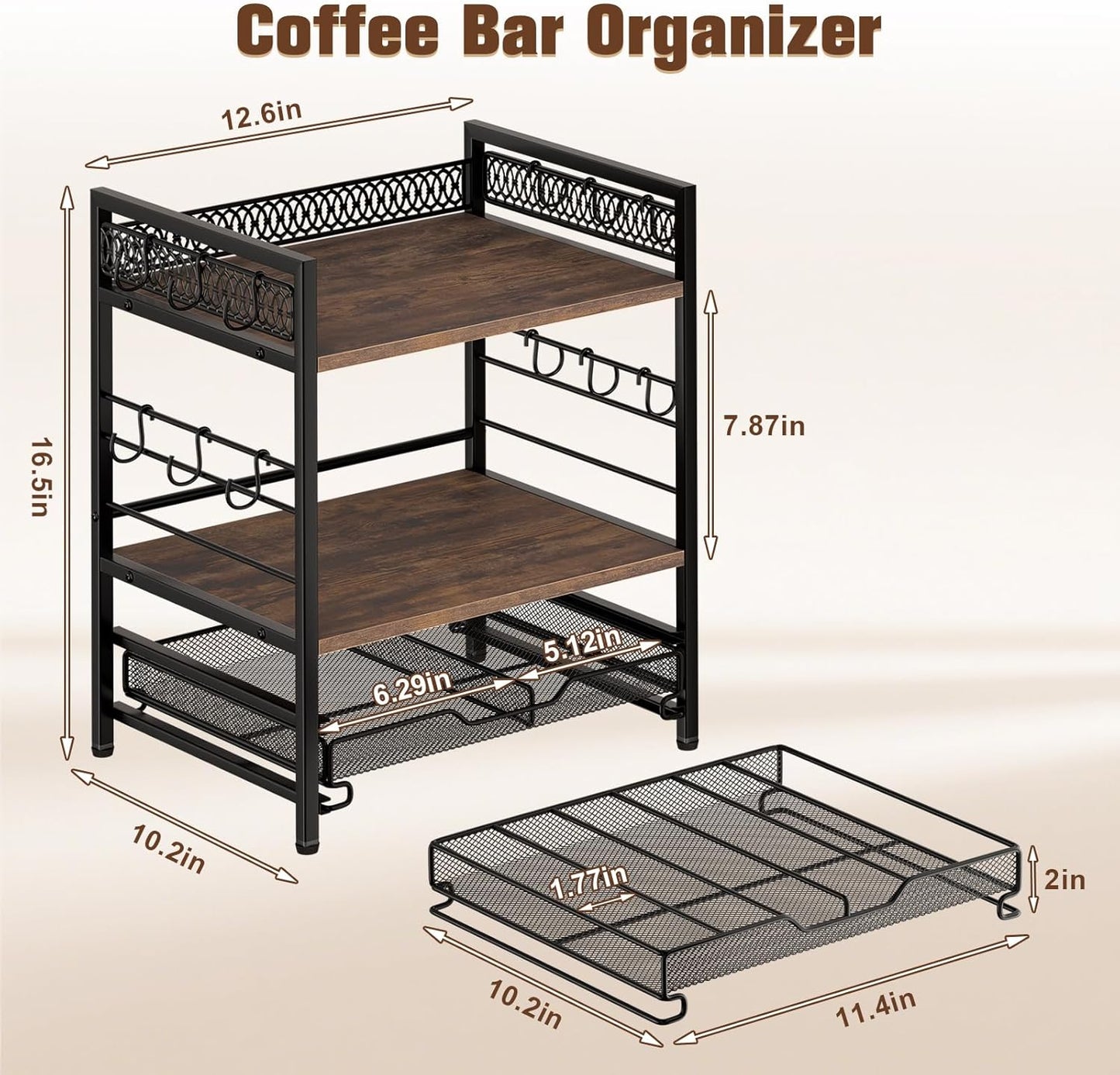 Coffee Bar Organizer, 4 Tier Coffee Station Organizer for Countertop, 30 K Cup Pod Drawer, Mug Cup Holder Stand with 12 Hooks, Multifunctional K Pods Shelf Storage Holder Drawer