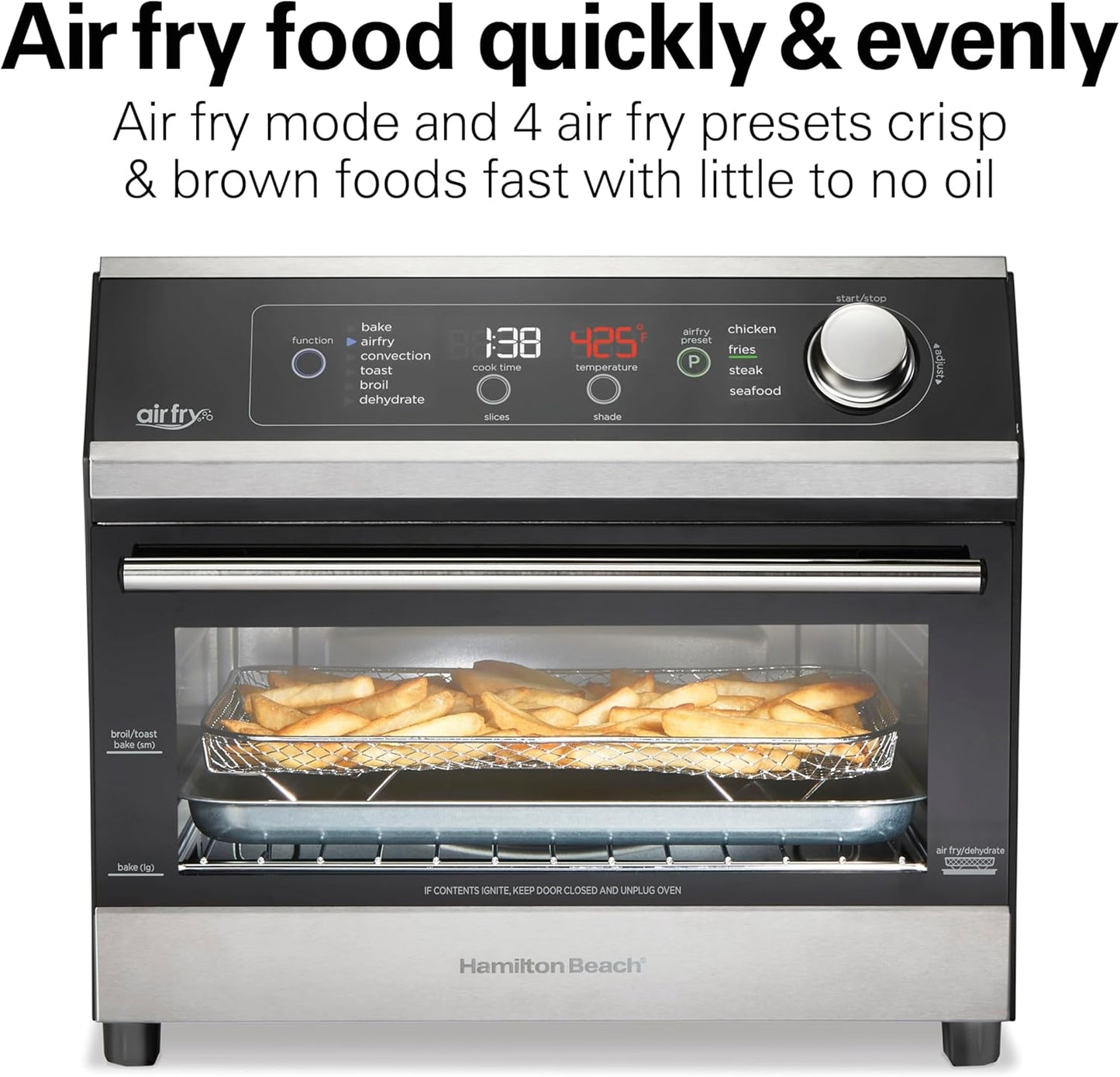 Hamilton Beach Digital Air Fryer Toaster Oven Combo, 10 Ways to Cook, 4 Preset Functions, Stay On & 1800 Watts, LED Capacitive-Touch Controls, 2 Rack Positions, Fits 12” Pizza, Black & Stainless Steel