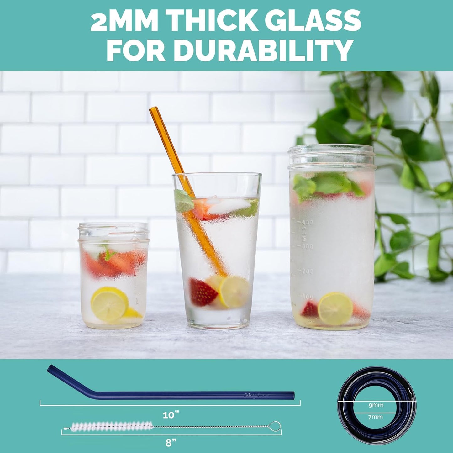 Simply Straws 10 Inch Glass Straws Bent (6-Pack) – Reusable Glass Straws for 24 Oz Mason Jars & Tumblers, with Cleaning Brush – Durable, Dishwasher Safe, Hot & Cold Use, BPA-Free (Meadow)