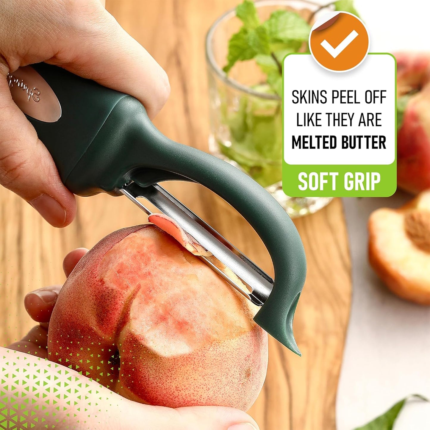 Spring Chef Professional Swivel Vegetable Peeler for Kitchen, Stainless Steel Potato Peeler with Comfortable Handle, Great for Apple, Veggie, Carrot, Cucumber - Dishwasher Safe - Pine Green