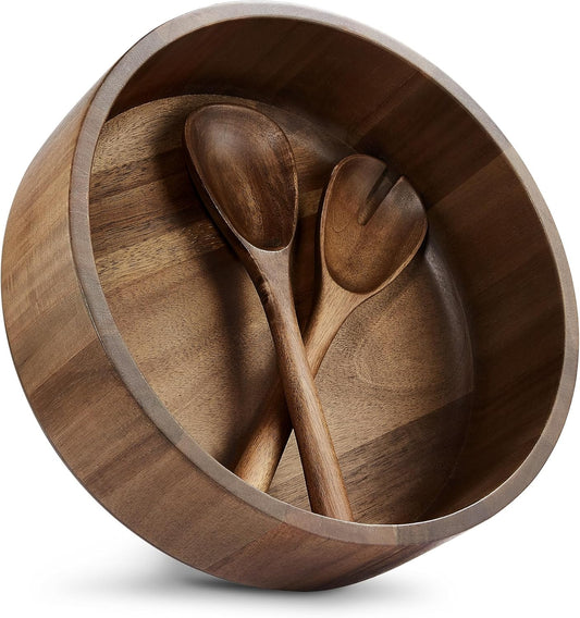 Wooden Salad Bowl, Acacia Walnut Wood Salad Bowl Set, 12 * 4.3 inch Large Natural Wooden with Fork and Spoon,Premium Eco-Friendly 346oz /10.8qt for Kitchen,Dining,Serving & Mixing Food