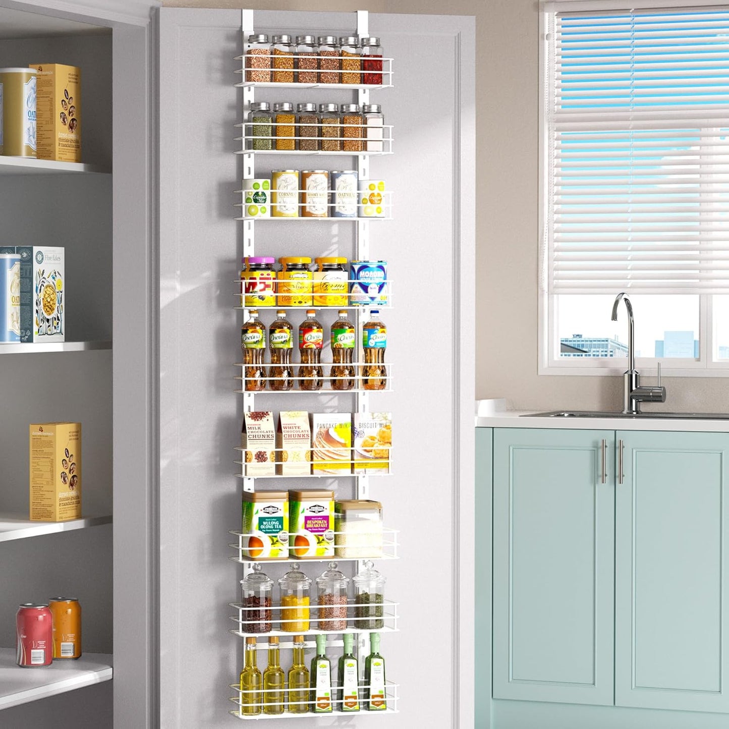 Pantry Door Organizer 12 Inch Wide, 9 Tier Hanging Adjustable Over the Door Spice Rack For Narrow Space,Matt White
