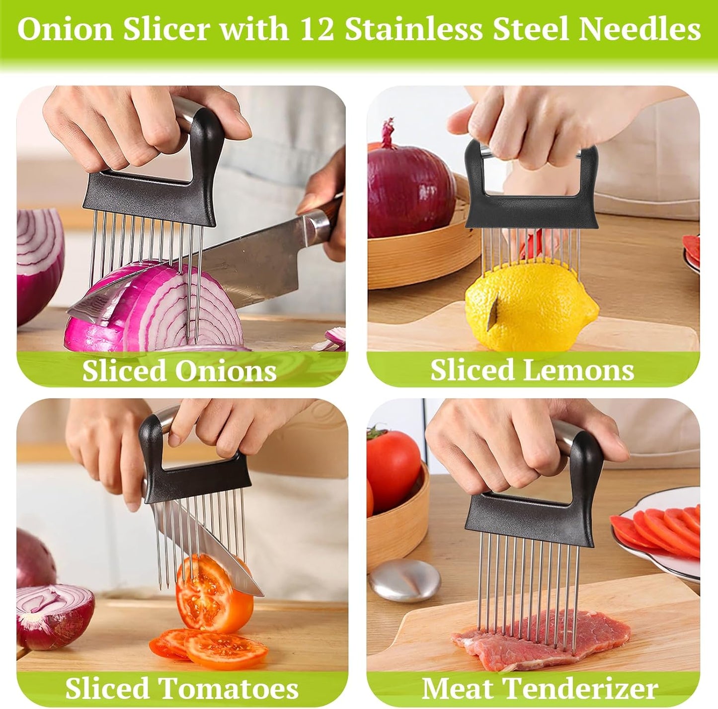 Suuker Onion Holder for Slicing, Large Onion Cutter Vegetable Chopper, Stainless Steel Tomato Slicer for Potato Lemon, Kitchen Food Slicer Guide for Neat Slicing, Meat Tenderizer Tool
