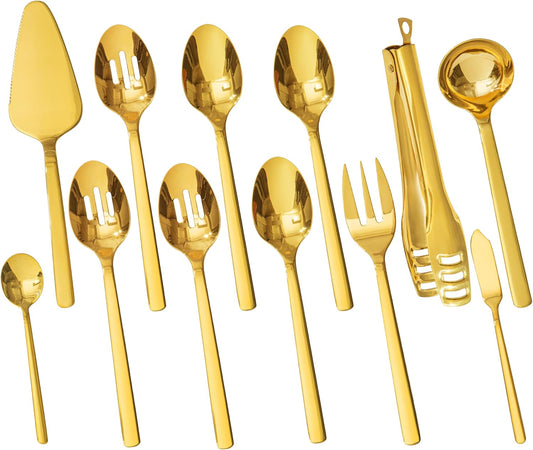KINGSTONE Large Hostess Serving Utensils Set, 18/10 Stainless Steel -10 inch Serving Spoons, Slotted Spoons, Forks, Tongs, Cake Pie Server, Butter Knife, Sugar spoon for Buffet, Wedding, Party, Gold