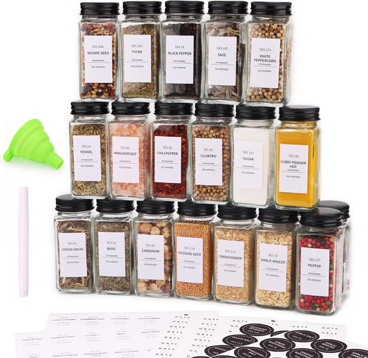Spice Jars - 36 pieces, labeled spice jars with black metal lids, empty glass spice jar set, spice storage containers, kitchen set, ideal for organizing and storing food in the pantry.