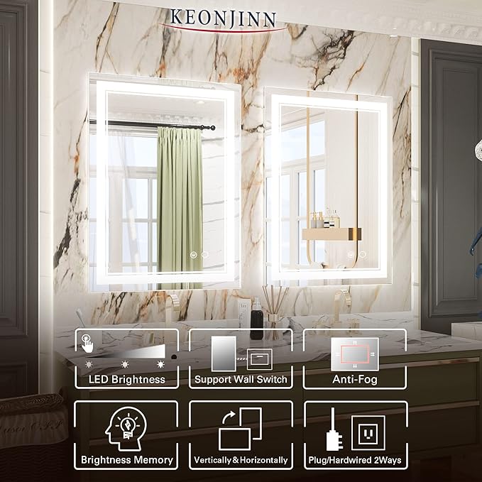 Keonjinn 24x32 Inch LED Bathroom Mirror Front Lighted 6000K, IP54 IP54 (Horizontal/Vertical)