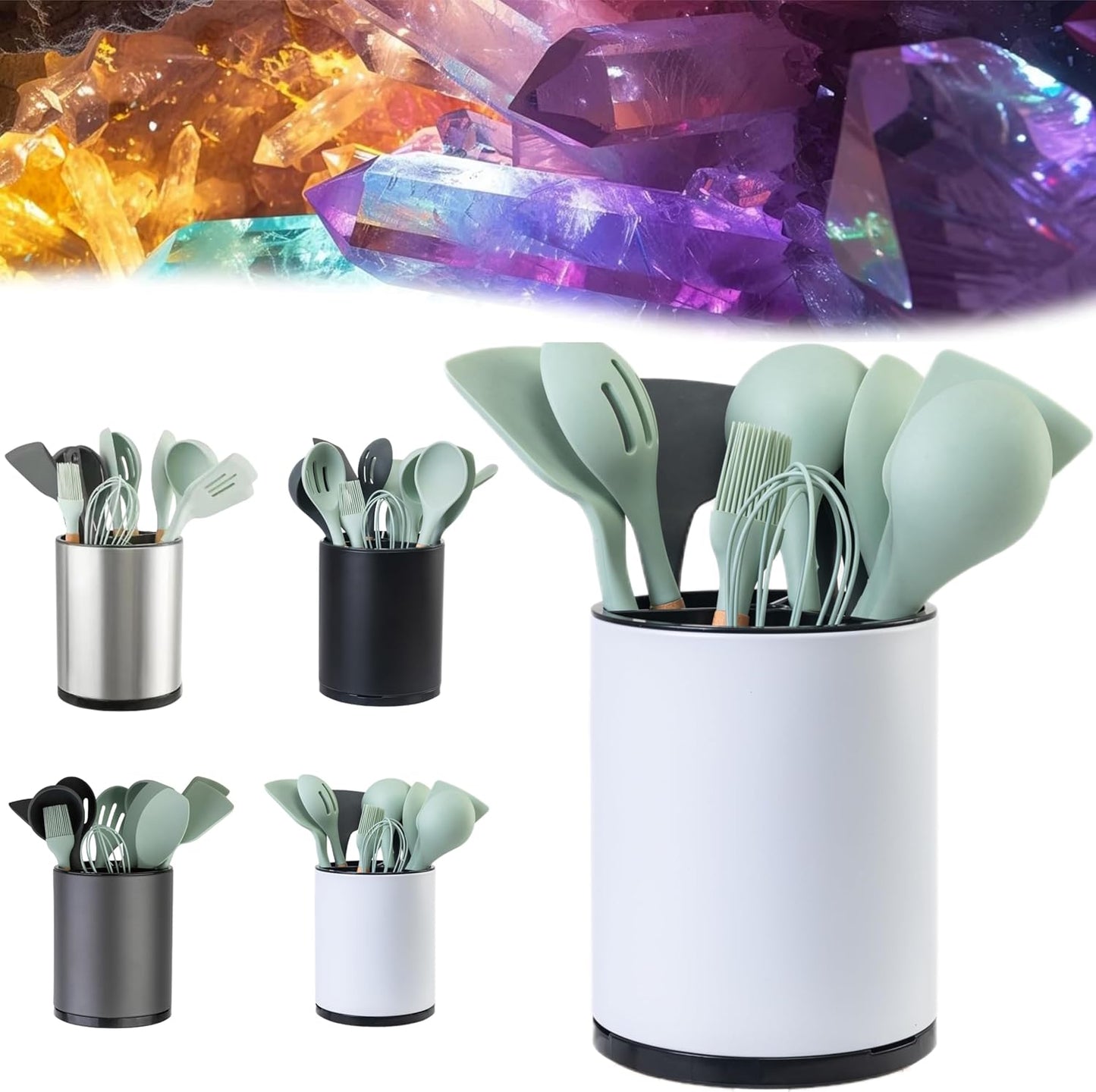 Utensil Holder For Kitchen Counter Organizer Extra Large Silverware Caddy Cooking Utensil Stainless Steel Rotating Kitchen Storage 3 Compartment Flatware Spoon Spatula