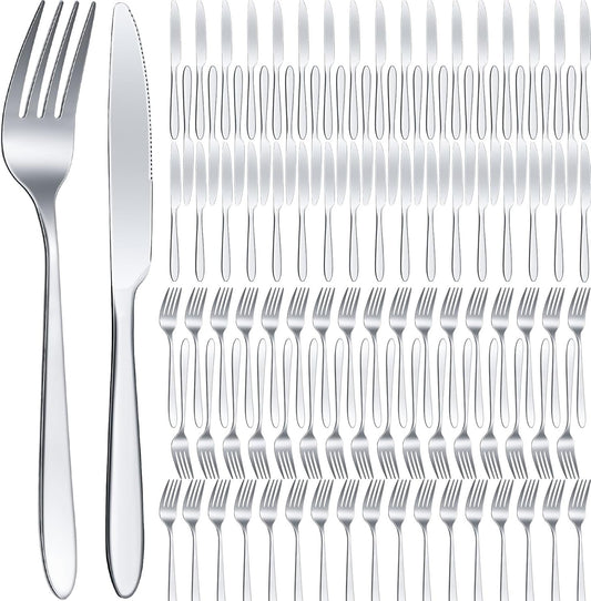 Nuenen 100 Pieces Stainless Steel forks and knives Dinner Flatware Set Tableware Cutlery for Butter Kitchen Restaurant, Dishwasher Safe(Silver,8.4 Inches, 7.1 Inches)