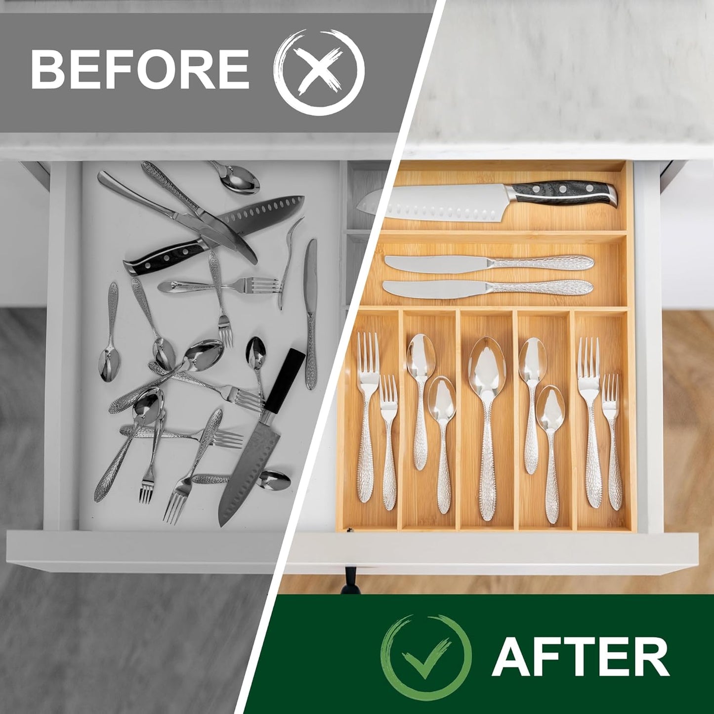 Bellsal Natural Utensil Organizer 12.5 Inch Silverware Organizer for Drawer Utensil Holder Cutlery Organizer Kitchen Drawer Organizer 7 Compartment Small Narrow Bamboo