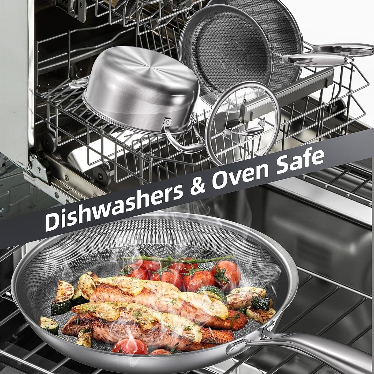 COOKER KING Non-toxic Frying Pans Set of 3 (8+10+12 Inch), Tri Ply Stainless Steel Pans, Induction Pan Set, Chef's Pan, Skillets Dishwasher & Oven Safe, Stay-Cool Handles, Compatible with All Cooktops