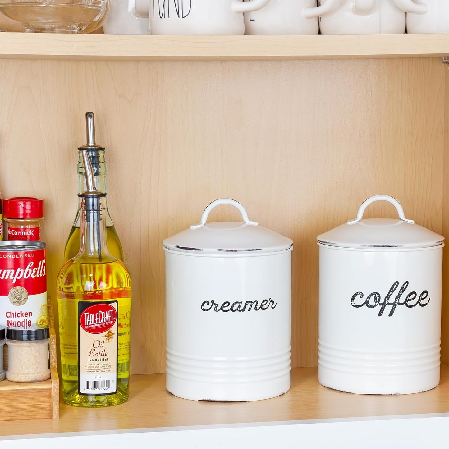 AuldHome Design Enamelware White Creamer Canister; Rustic Distressed Style Coffee Accessory Storage for Kitchen