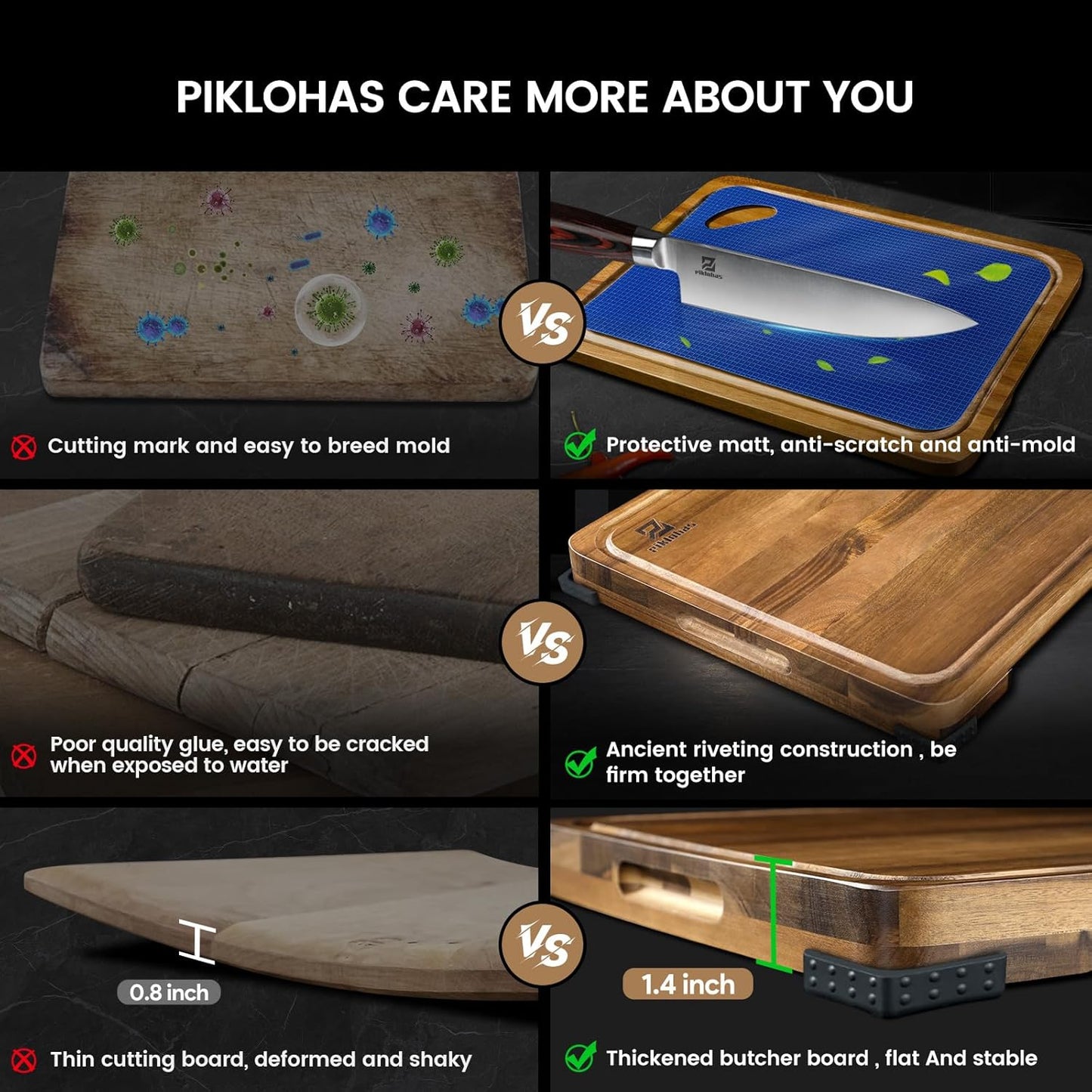 Cutting Boards Large Set of 7, Acacia Wood Charcuterie Chopping Board for Kitchen with Holder Non Slip Feet, Plastic Serving Board Mats, Juice Groove, Reversible Butcher Block for Meat Cheese Bread