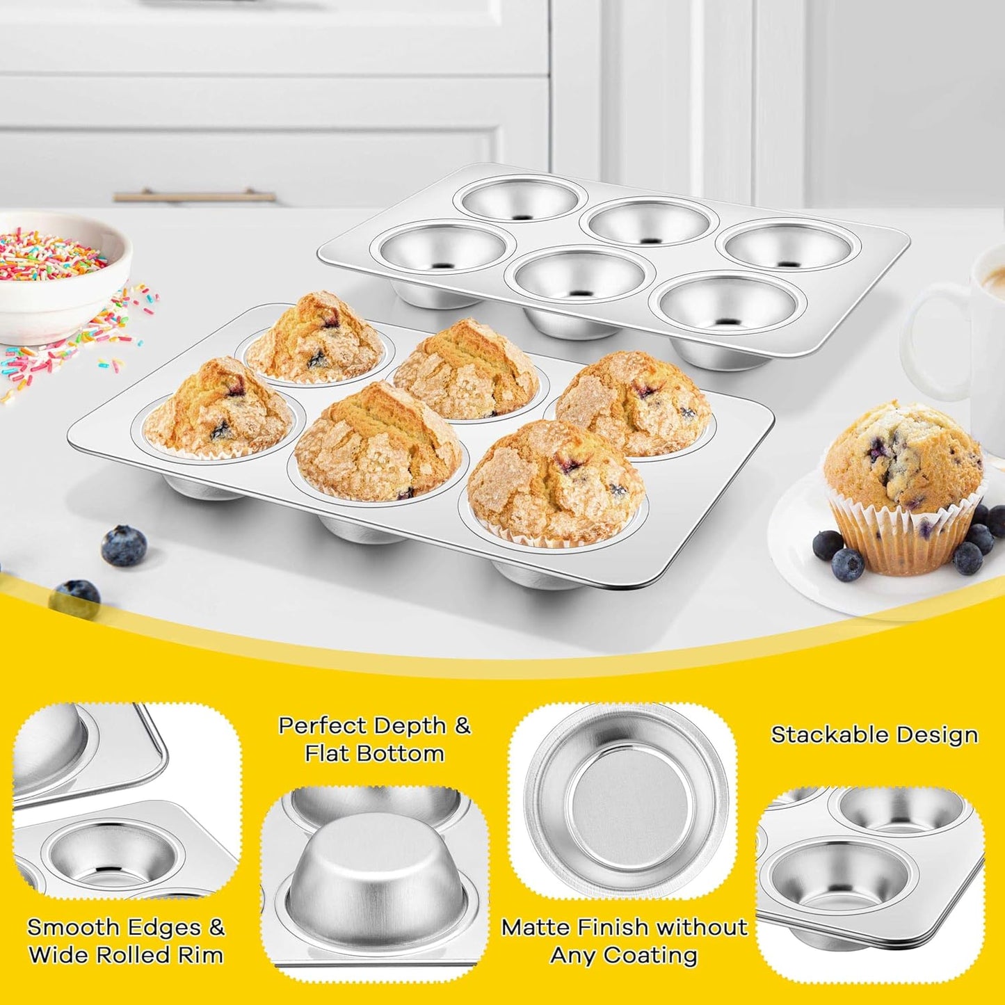 Homikit 2 Pack Muffin Pan, Stainless Steel Cupcake Baking Tin with 6 Cups Regular Size, 11.4 x 7 Inches Metal Egg Bites Tray for Toaster Oven, Rust Free & Non Toxic, Easy Release & Dishwasher Safe