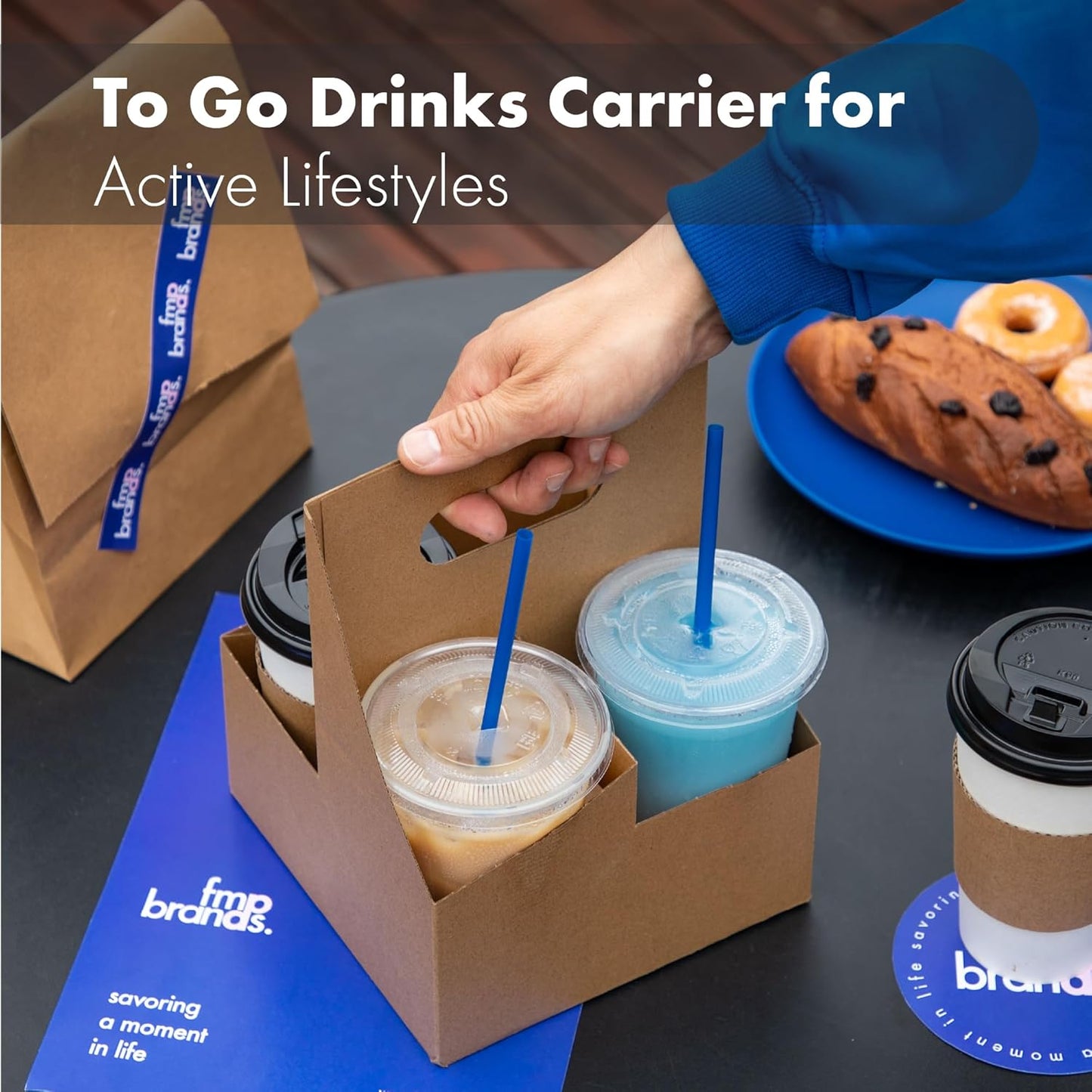 FMP Brands 4 Cup Disposable Drink Carrier with Handle, 200 Pack Kraft Paperboard Handled Cup Carrier, 12-30 oz to Go Coffee Cup Holder, Cold Hot Drinks, Takeout, Cafe and Restaurant