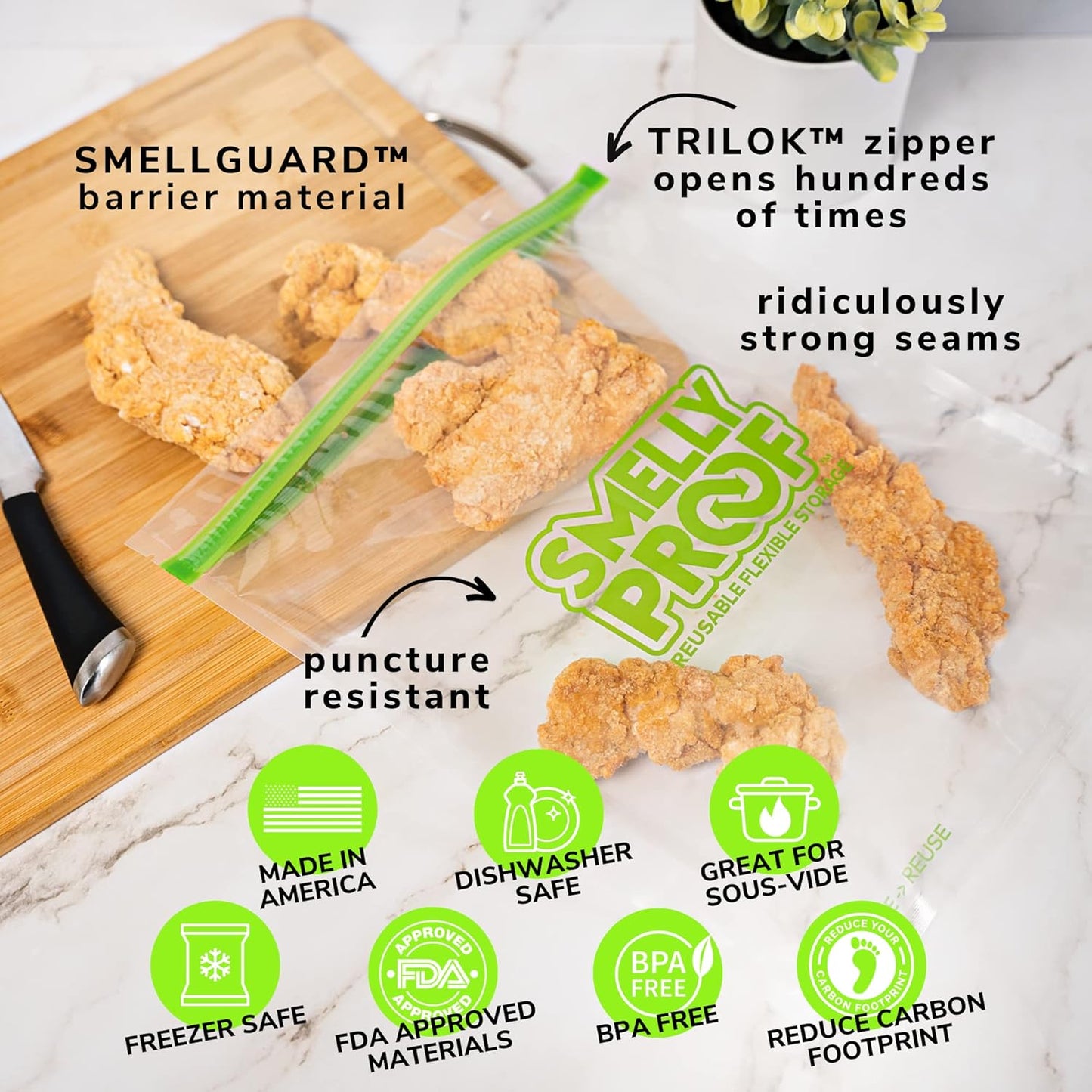 Reusable Storage Bags for Food by Smelly Proof Bags - MADE IN USA, Easy Clean, Dishwasher-Safe, BPA FREE, NO PEVA, XL 3-mil Thick Bags, Extra Large Clear FLAT 10.5" x 12" GALLON 10-Pack