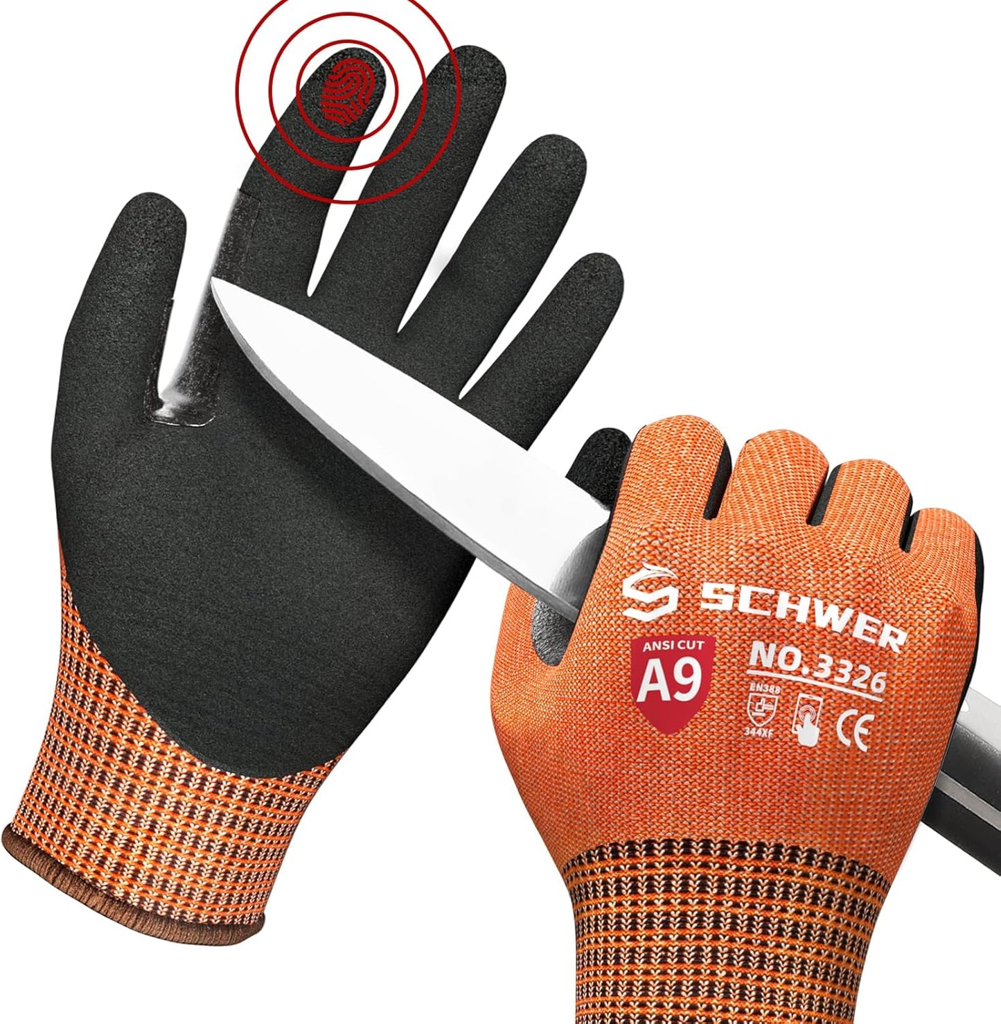 Schwer ProGuard Highest Level Cut Resistant Work Gloves PR3326 for Extreme Protection, ANSI A9 Cut Gloves with Reinforced Thumb, Non Slip, Breathable, Durable, Touch-screen, NON PFAS, Orange 1 Pair（M）