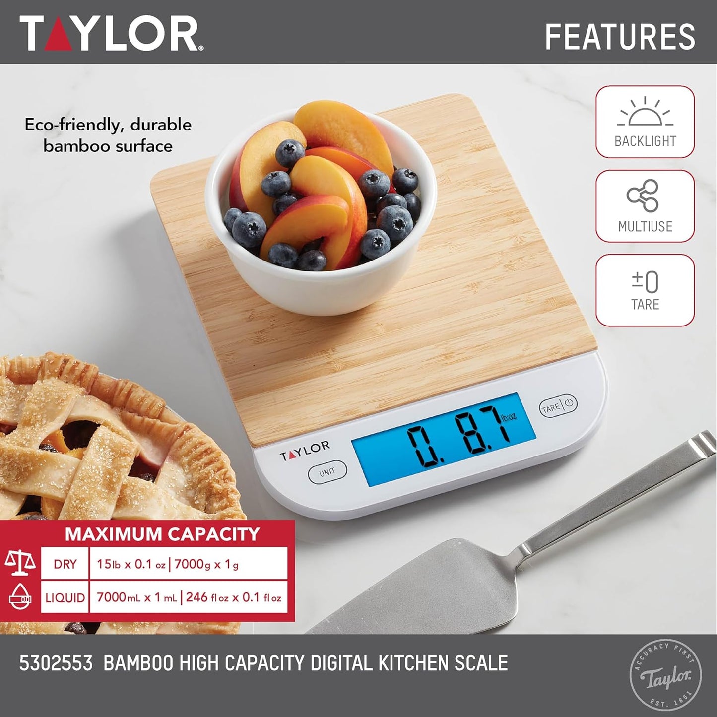 Taylor Digital Eco-Friendly Bamboo Kitchen Food Scale, 15 Pound Capacity, Natural