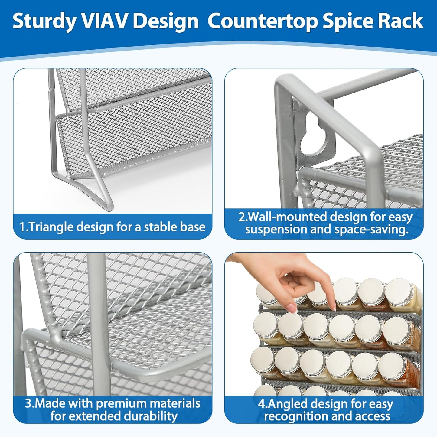 2PCS 4Tier Spice Rack for Counter Free Standing,Spice Rack for Inside Cupboard Hanging Wall Mounted Spice Seasoning Organiser Spice Jars Bottle Organizer for Kitchen Pantry（Silver）